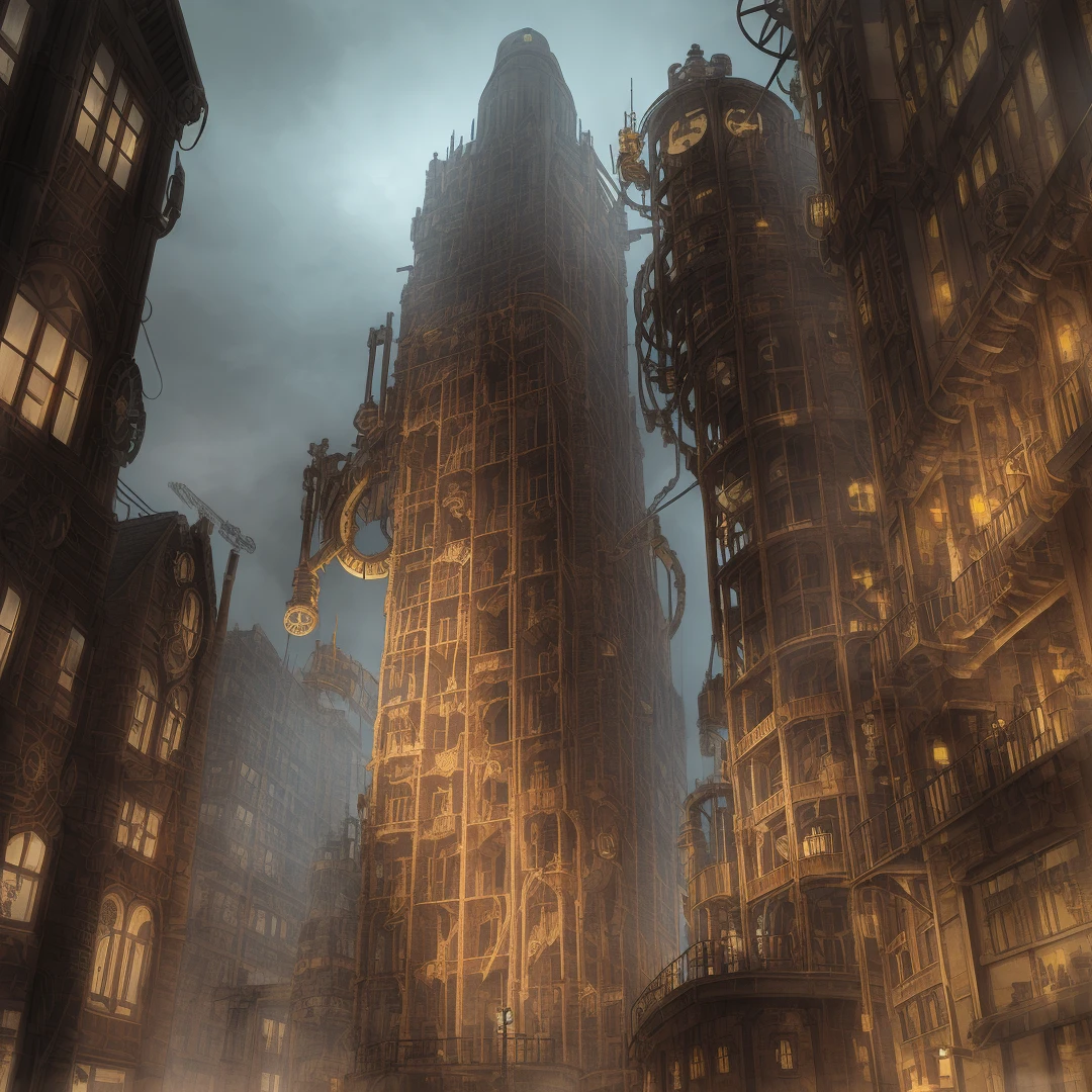 (((steampunk))),city,(((crowded buildings))),Exposed gears and pipes,(((dim light))),submerged ground,((gears)),((thick pipes)),covered bridge,The perspective is from the bottom up, reflecting the height of the building,dark weather,smoking chimneys,(((mechanical devices))),((staggered wires))
