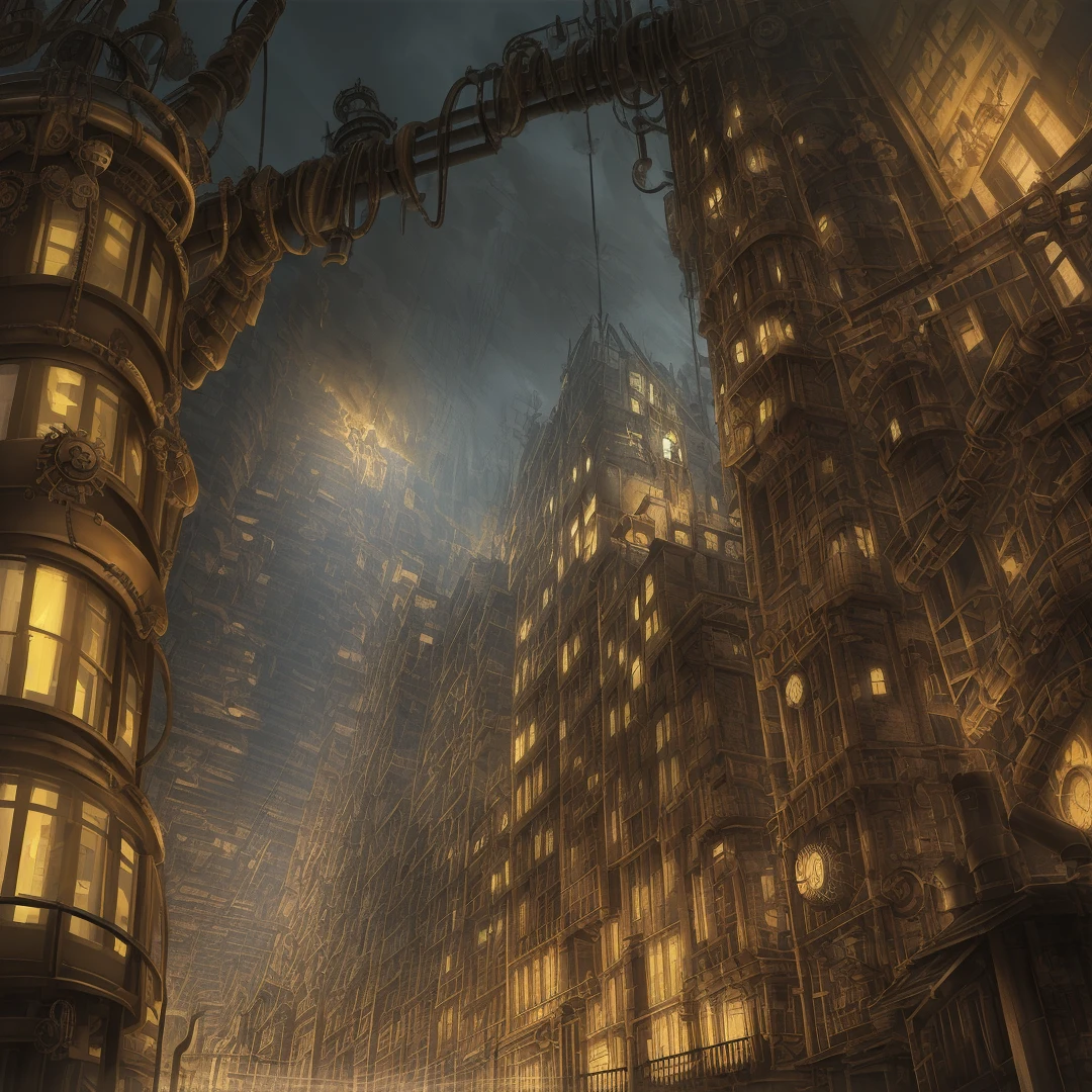 (((steampunk))),city,(((crowded buildings))),exposed gears and pipes,(((dim light))),submerged ground,((gears)),((thick pipes)),covered bridge,The perspective is from the bottom up, reflecting the height of the building,dark weather,smoking chimneys,(((mechanical devices))),((staggered wires)),crowded city,irregular buildings