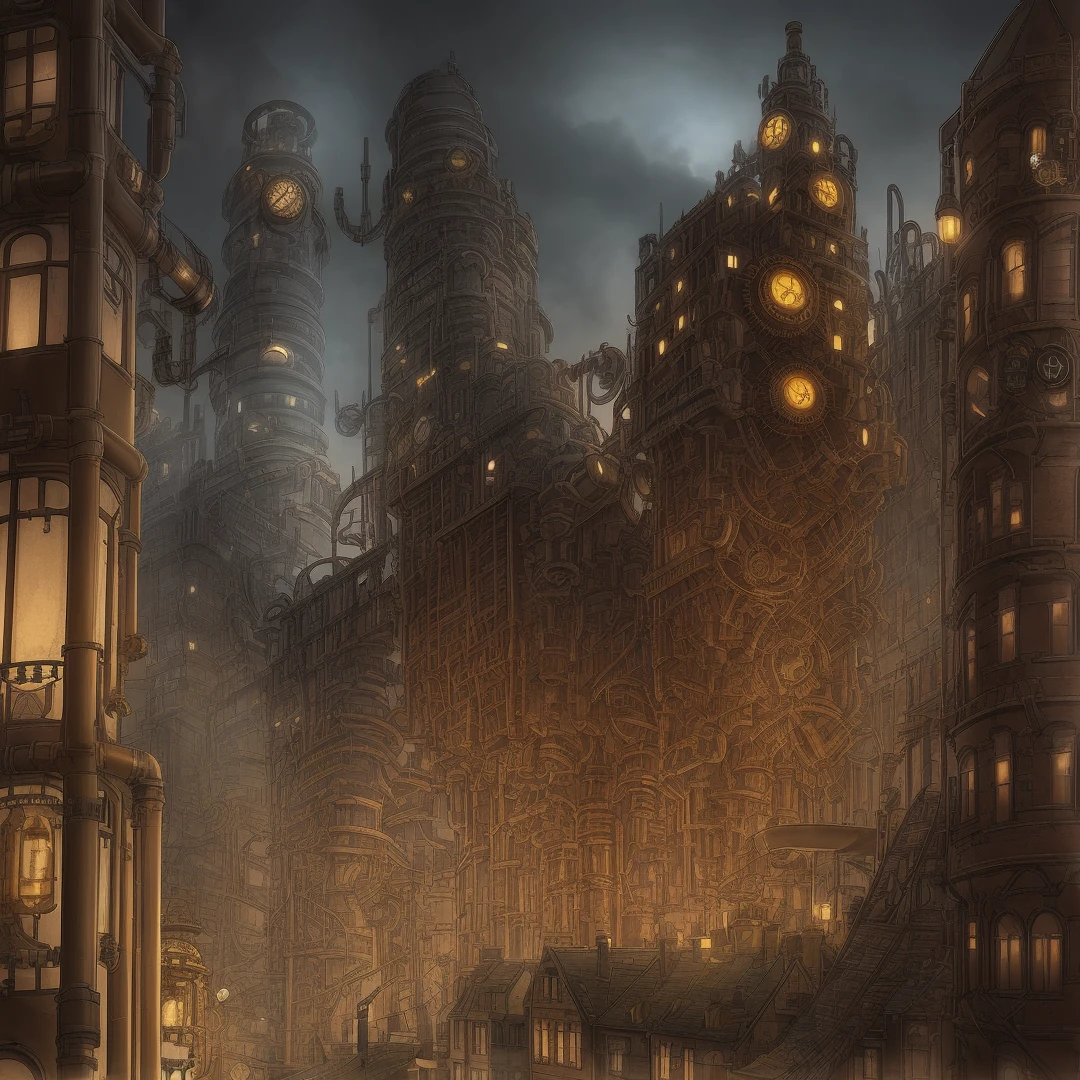 (((steampunk))),city,(((crowded buildings))),exposed gears and pipes,(((dim light))),submerged ground,((gears)),((thick pipes)),covered bridge,The perspective is from the bottom up, reflecting the height of the building,dark weather,smoking chimneys,(((mechanical devices))),((staggered wires)),crowded city,irregular buildings,messy
