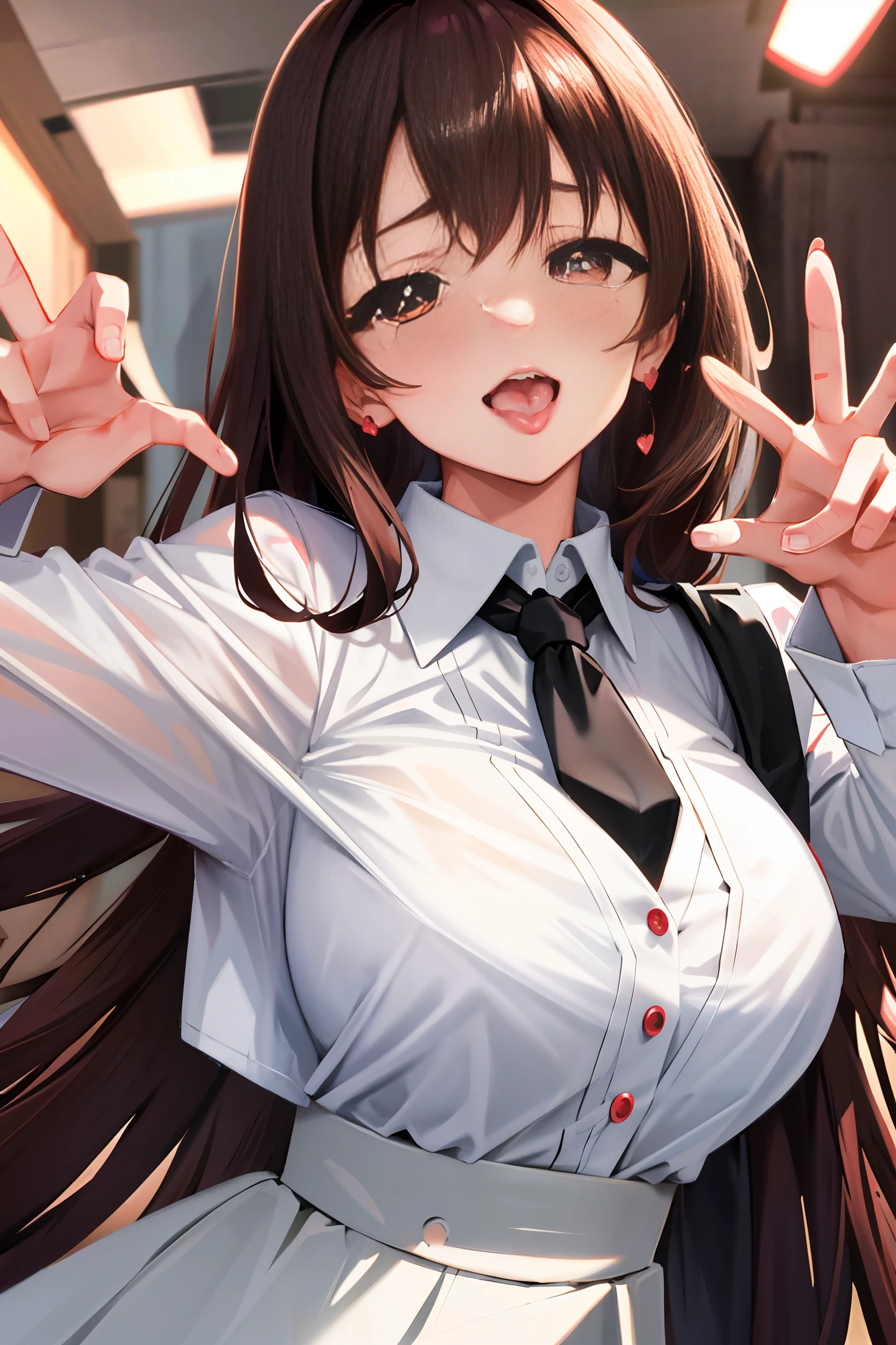 heart-shaped pupils,(sfw), (masterpiece:1.2), best quality, masterpiece, highres, original, extremely detailed wallpaper, (ultra-detailed), (best illustration), (best shadow), (Kobeni), big breasts, perky breasts, (white collared shirt), (blood stain:1.1), (horrified:1.2), (black necktie), (shirt stain), (stained), 1girl, looking at viewer, (scared:1.2), (tears:1.1), (brown eyes), (peace sign),tongue out, tongue, heart-shaped pupils