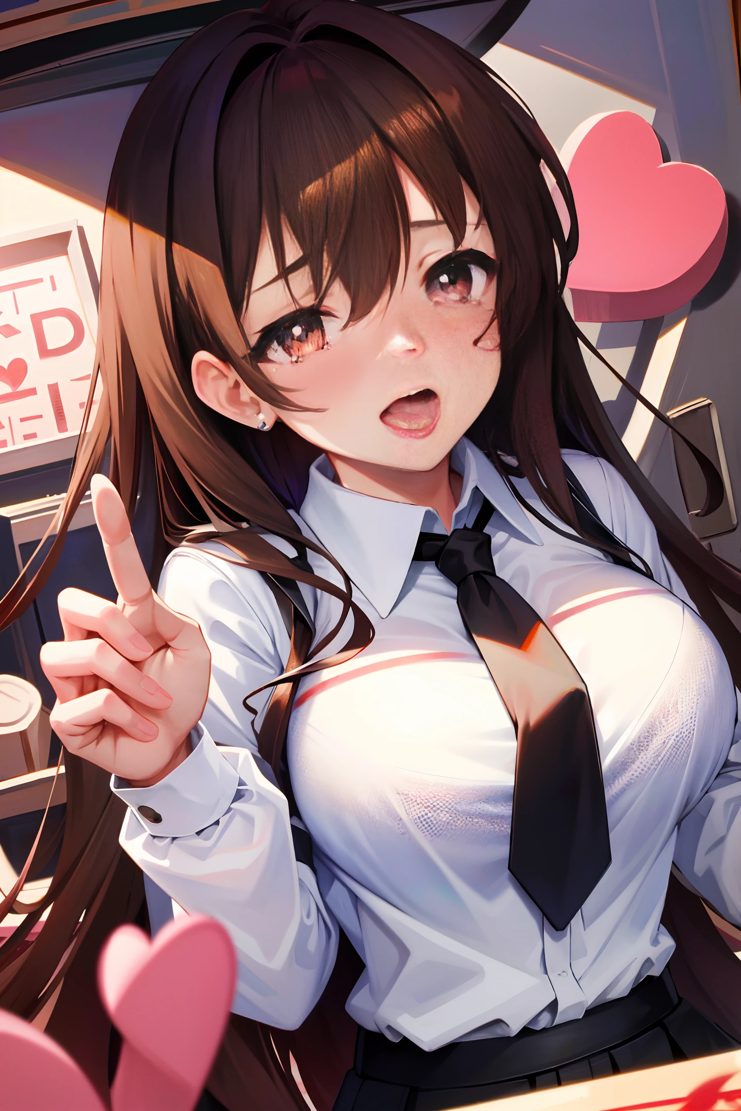 heart-shaped pupils，(sfw), (masterpiece:1.2), best quality, masterpiece, highres, original, extremely detailed wallpaper, (ultra-detailed), (best illustration), (best shadow), (Kobeni), , perky , (white collared shirt), (blood stain:1.1), (horrified:1.2), (black necktie), (shirt stain), (stained), 1girl, looking at viewer, (scared:1.2), (tears:1.1), (brown eyes), (peace sign),tongue out, tongue, heart-shaped pupils