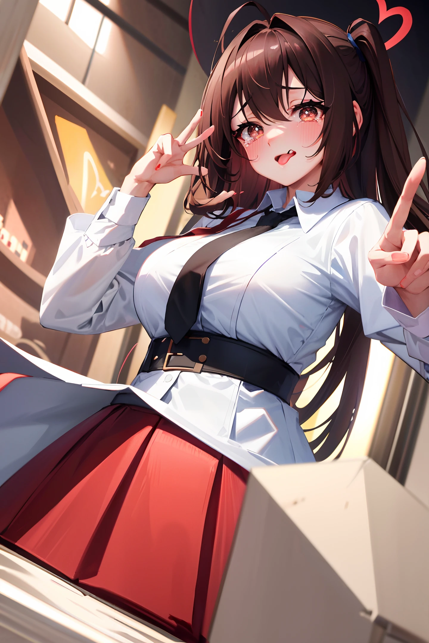heart-shaped pupils,(sfw), (masterpiece:1.2), best quality, masterpiece, highres, original, extremely detailed wallpaper, (ultra-detailed), (best illustration), (best shadow), (Kobeni), big breasts, perky breasts, (white collared shirt), (blood stain:1.1), (horrified:1.2), (black necktie), (shirt stain), (stained), 1girl, looking at viewer, (scared:1.2), (tears:1.1), (brown eyes), (peace sign),tongue out, tongue, heart-shaped pupils