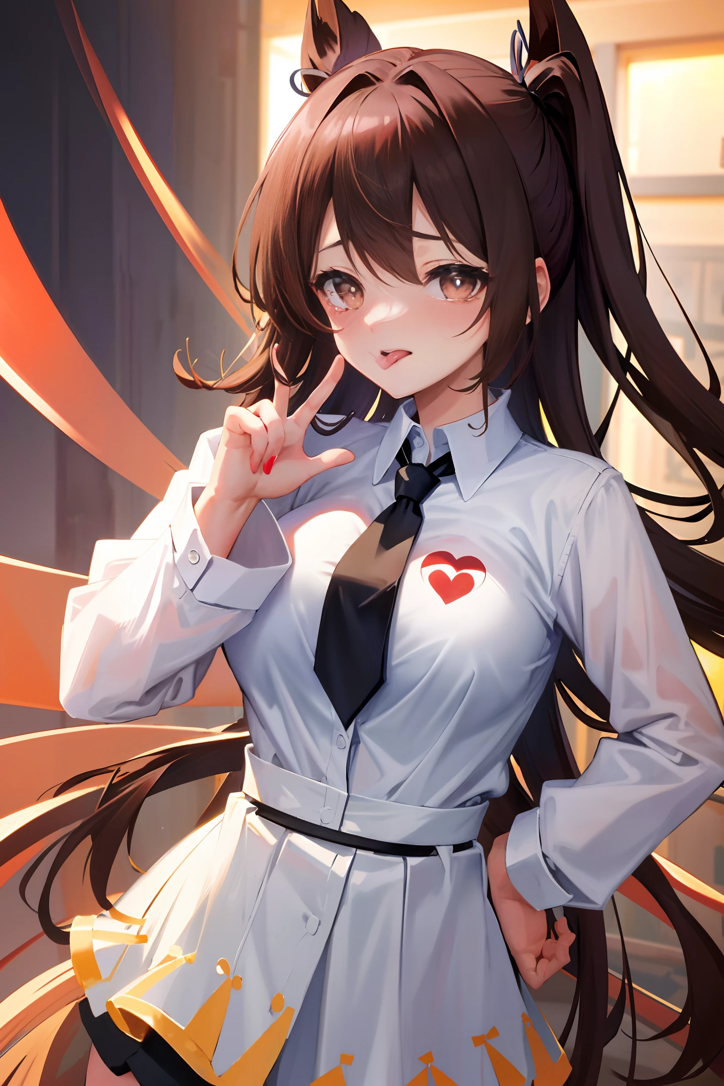 heart-shaped pupils,(sfw), (masterpiece:1.2), best quality, masterpiece, highres, original, extremely detailed wallpaper, (ultra-detailed), (best illustration), (best shadow), (Kobeni), big breasts, perky breasts, (white collared shirt), (blood stain:1.1), (horrified:1.2), (black necktie), (shirt stain), (stained), 1girl, looking at viewer, (scared:1.2), (tears:1.1), (brown eyes), (peace sign),tongue out, tongue, heart-shaped pupils
