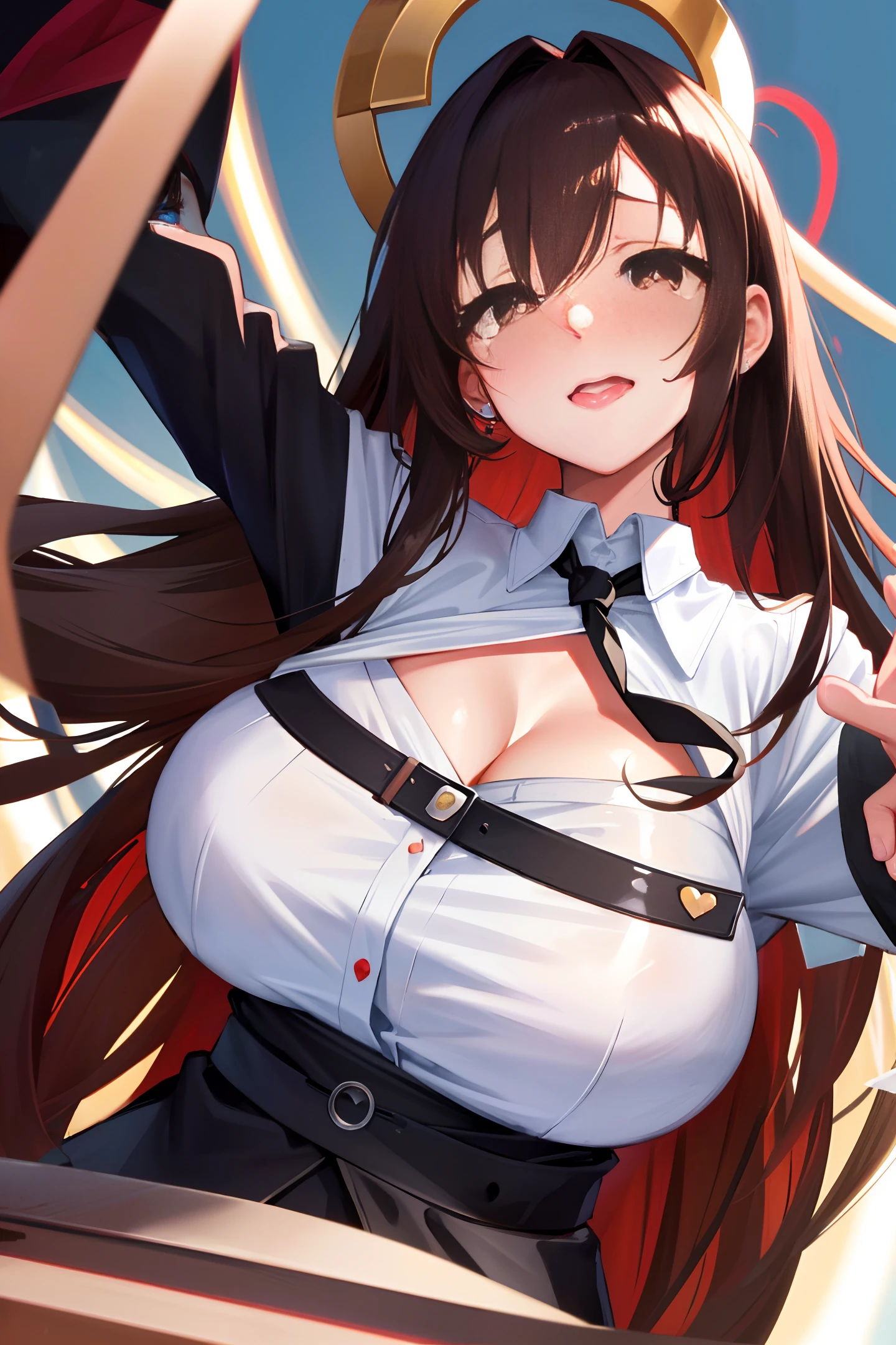 heart-shaped pupils，(sfw), (masterpiece:1.2), best quality, masterpiece, highres, original, extremely detailed wallpaper, (ultra-detailed), (best illustration), (best shadow), (Kobeni), big breasts, perky breasts, (white collared shirt), (blood stain:1.1), (horrified:1.2), (black necktie), (shirt stain), (stained), 1girl, looking at viewer, (scared:1.2), (tears:1.1), (brown eyes), (peace sign),tongue out, tongue, heart-shaped pupils