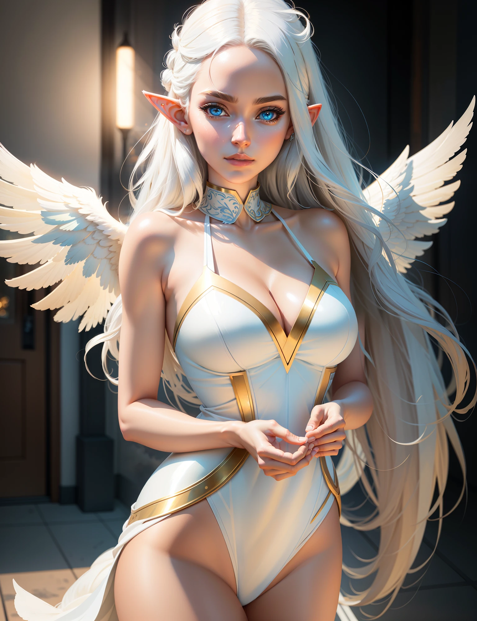 (dreamlikeart style:0.8),( redshift style:1.1) ,(analog style:1.1), (glossy sexy bimbo:1.1),(studio_ghibli_anime_style:0.8), (detailed face and eyes:1.2), (detailed lips:1.2),(warm backlit lighting)++, (dark tone)++realistic, highly detailed, hasselblad, 45 degree, gigapixel, Angelic beautiful elf woman, full-length view, frontal, spectacular pose, large white wings, White hair, Bright blue eyes, Celestial goddess, with warm golden lighting and a hazy nostalgic feel, art by lois van baarle and alena aenami, Highly detailed, intricate brushwork, Trending on Artstation, Concept art, dreamy atmosphere