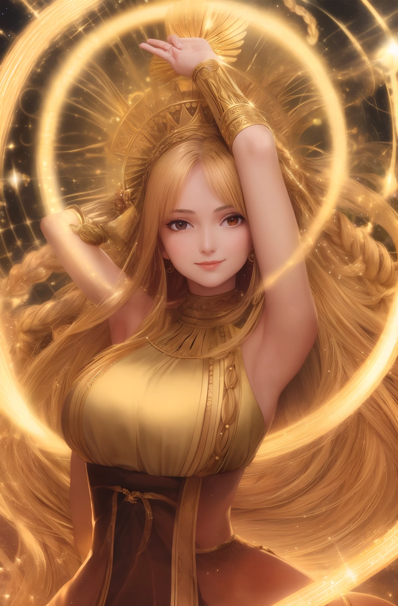 best quality, masterpiece, upper body,
(adult:1.6) hungarian woman, (smirk:0.4), arms behind head,
braided golden hair,
sparkling eyes,
victorian sundress,
 floating light particles, centered, 