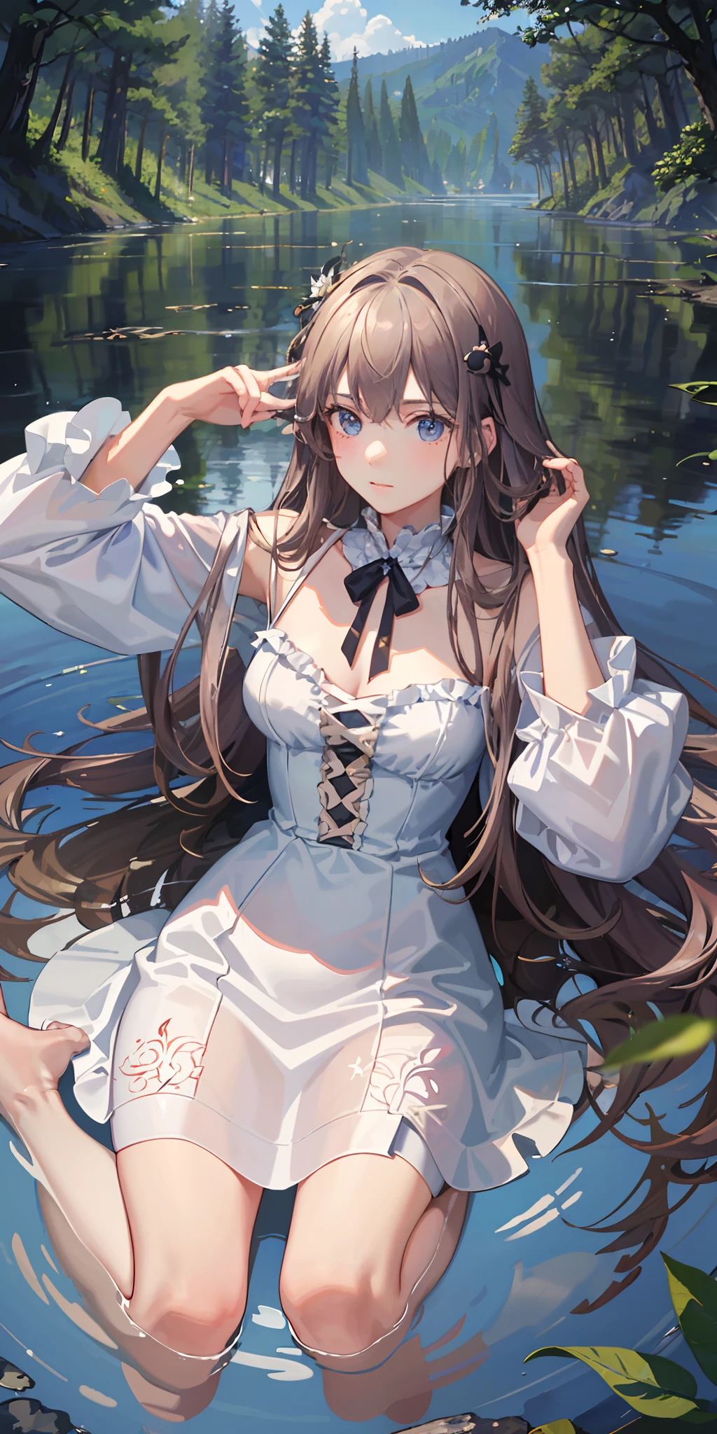((masterpiece)), (((best quality))), ((ultra-detailed)), ((illustration)), ((disheveled hair)),forest, lakeside, 1 girl,reflection, broken flowers, ripples, milk,