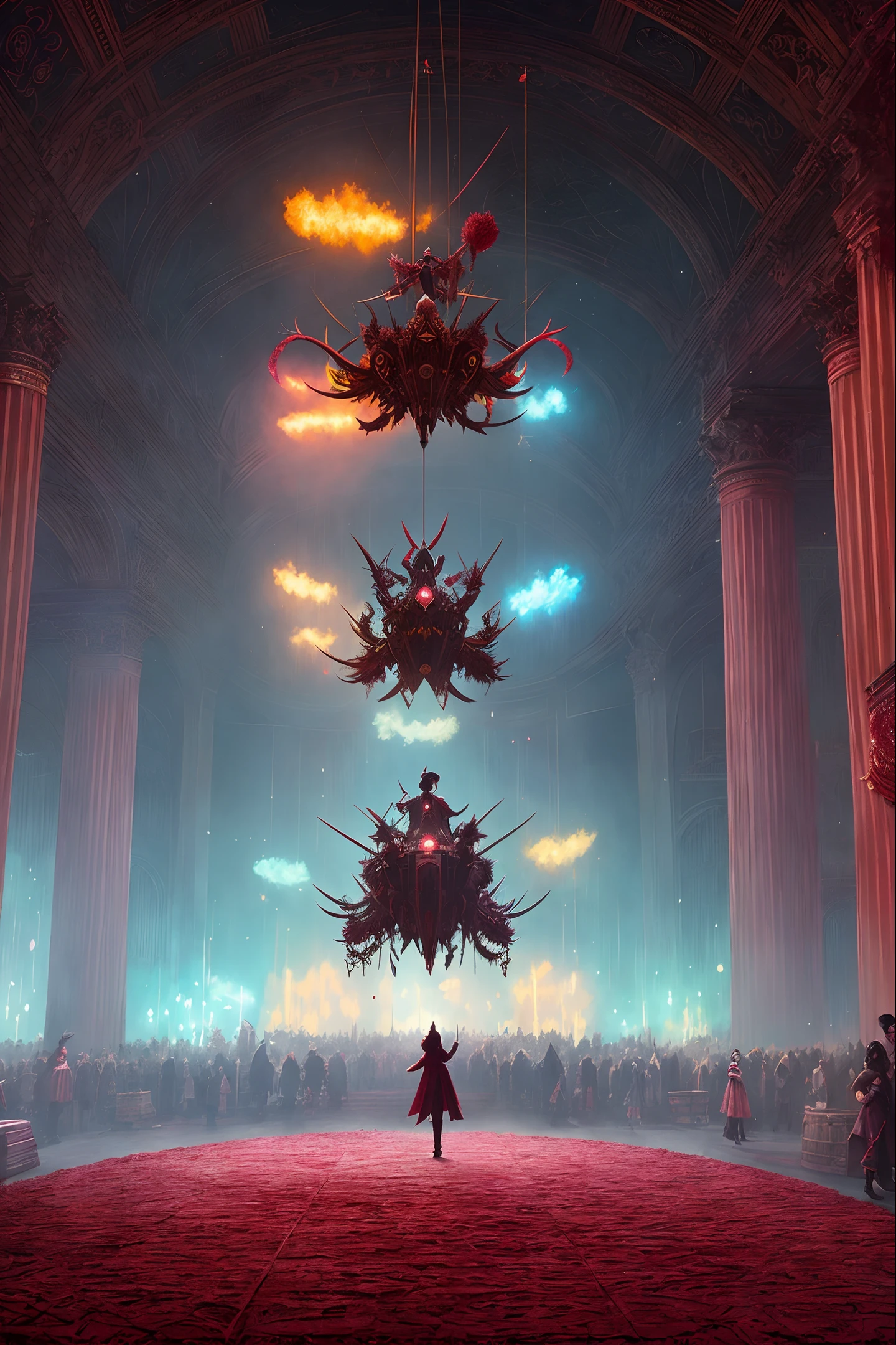 by Greg Rutkowski, (extremely detailed CG unity 8k wallpaper), the inside of a circus covered by red velvet, black magic, horror film, dark fantasy style, masterpiece, highest quality, shade, bloom, [[chromatic aberration]],  digital painting ,ultra-detailed ,  sharp focus, vivid colors