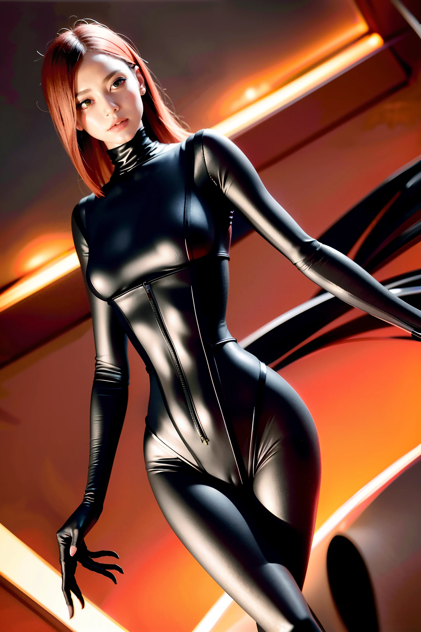 A full-body in action shot, a drawing of a Hot attractive spider monster girl, with spider atrtractive legs and beautiful face, wearing a harness and high-customed ultra-tight bodysuits, perfect body, beautiful orange and black, contrast, long render, pink, blue and white, detail composition background, gauche art, wes anderson, artstation masterpiece,painting by John Singer Sargent --ar 9:16 --no mask