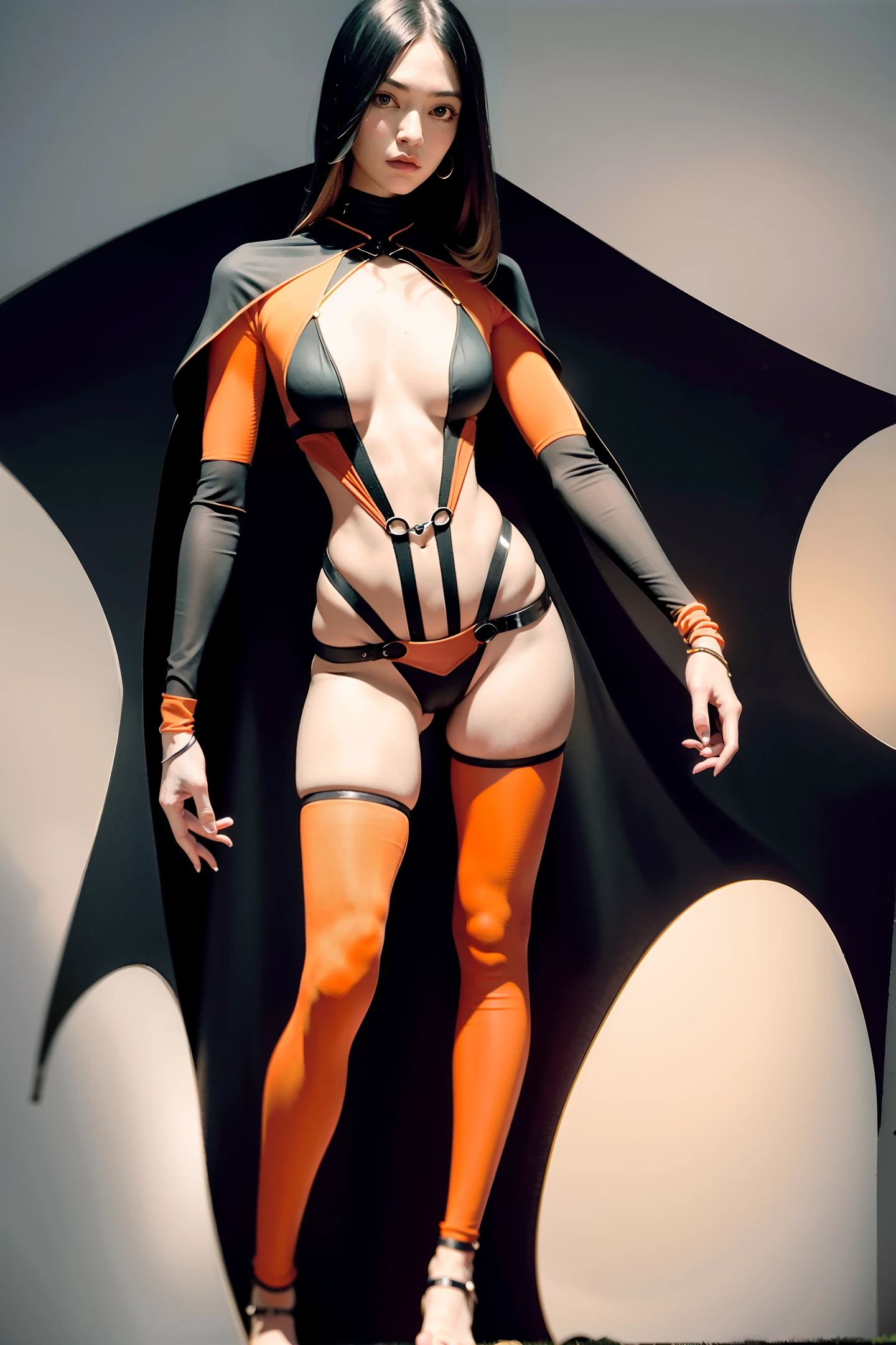 A full-body in action shot, a drawing of a Hot attractive spider monster girl, with spider atrtractive legs and beautiful face, wearing a harness and high-customed ultra-tight bodysuits, perfect body, beautiful orange and black, contrast, long render, pink, blue and white, detail composition background, gauche art, wes anderson, artstation masterpiece,painting by John Singer Sargent --ar 9:16 --no mask