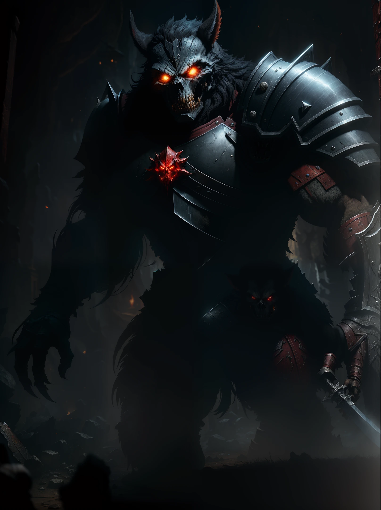 Highest quality, 8k wallpaper, game cg, World of Warcraft, 1 blood death knight werewolf, facing the audience, cold, skull style heavy armor, two handed sword, oppressive, shadows of light, intensive detail, highly detailed, volumetric lighting, 4k render, stock photography, hyper realistic, lifelike texture, dramatic lighting, real engine