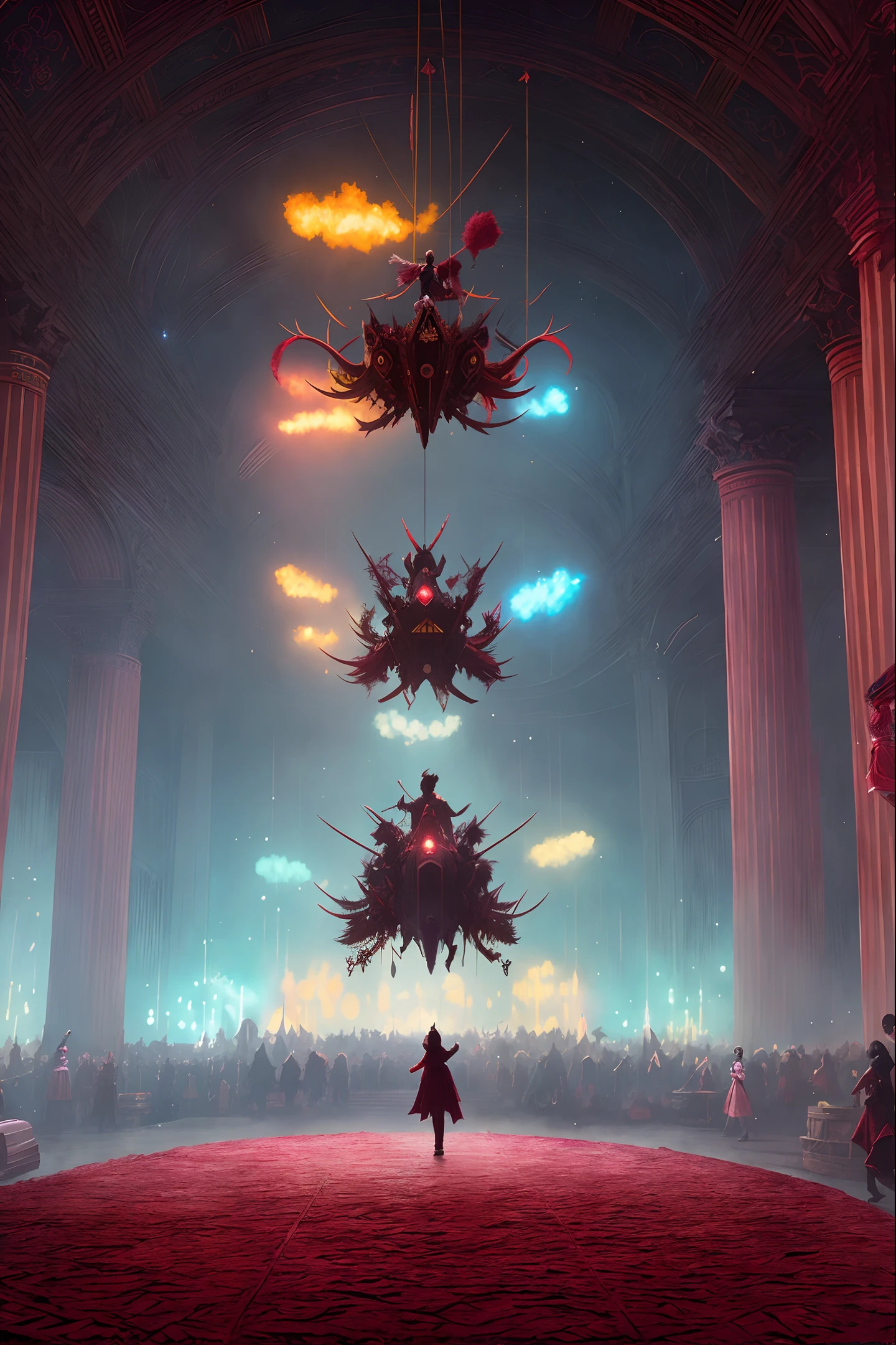 by Greg Rutkowski, (extremely detailed CG unity 8k wallpaper), the inside of a circus covered by red velvet, black magic, horror film, dark fantasy style, masterpiece, highest quality, shade, [[chromatic aberration]],  digital painting ,ultra-detailed ,  sharp focus, vivid colors