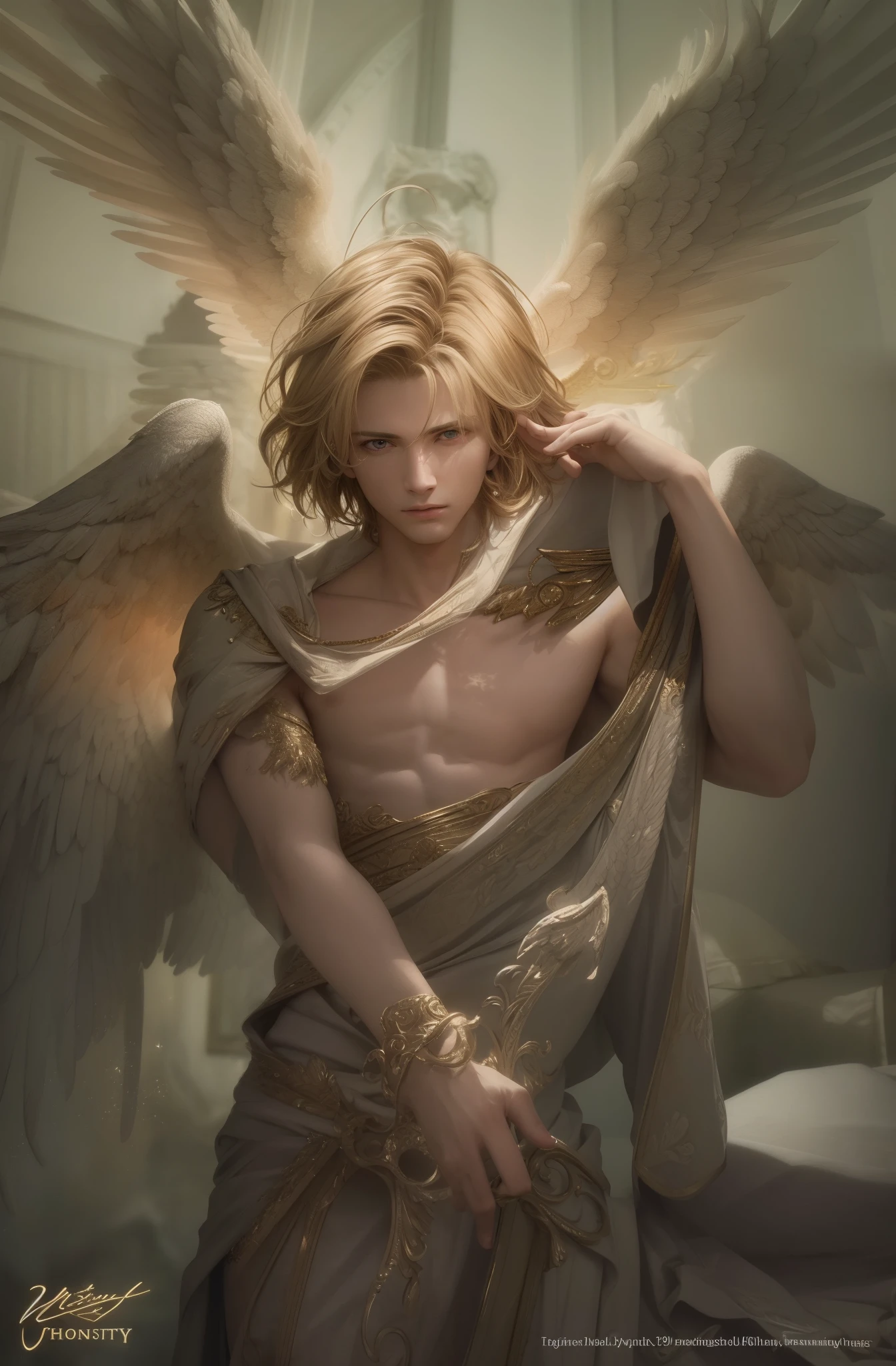 best quality, masterpiece, upper body, bright highlights, (extremely detailed CG unity 8k wallpaper), handsome young man, angelic wings, halo, (male, man), messy hair, short hair, serious, dramatic pose, cinematic lighting, photorealistic, dynamic pose, sharp-focus, 80s fantasy art, (photorealistic:1.4), (masterpiece, finely detailed beautiful eyes: 1.2), masterpiece*portrait, realistic, 3d face, glowing eyes, blonde hair, 1920s plunging neckline dress