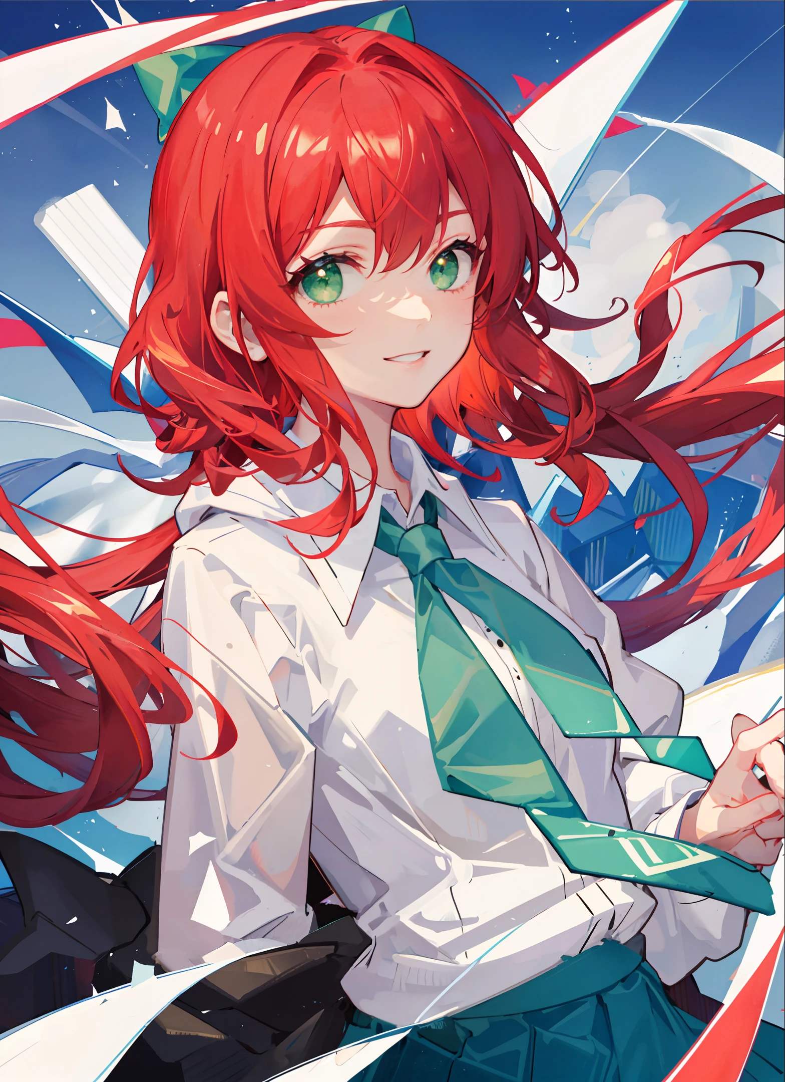 1girl, green eyes, solo, smile, necktie, shirt, looking at viewer, green necktie, red hair, white shirt, collared shirt, bow, hogwarts school uniform, green bow, hair bow, bangs, portrait, long hair, parted lips, hood, hood down, school uniform, star (sky), gradient background, gradient, upper body, sky, medium hair, shiny hair, starry sky, shiny, ribbon