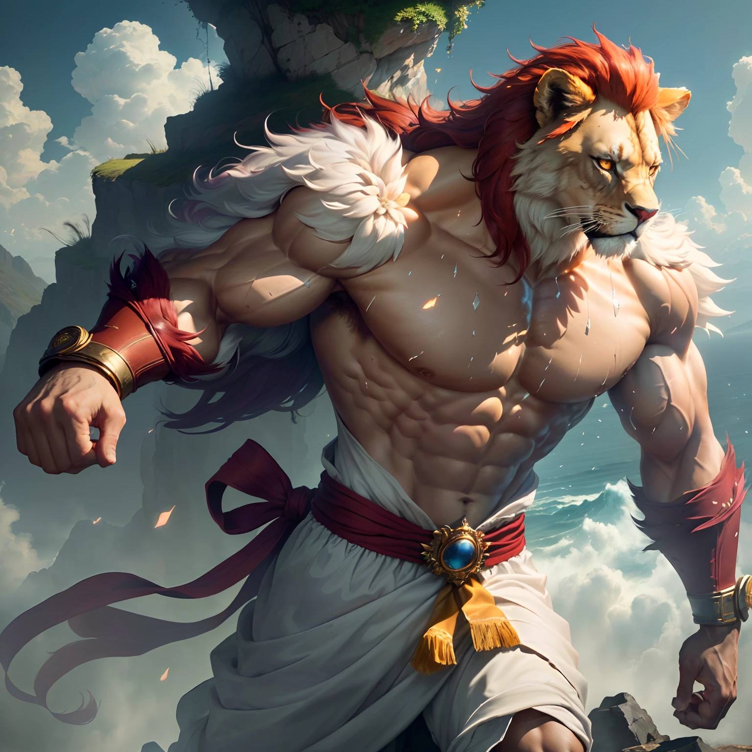 muscle, male, (lion head:1.0), furry, kemono, dressed as a prince standing on a cliff with flowers behind him, cloulds in the sky, photo, realism, cgi, (fighting pose:1.2), tekken, eye glow, (sweat:1.3), broad waist, ??????, red hair, (baki:1.2), purple eye, teeth, (steam:1.0), high detail, castle, masterpiece, (HDR)(wallpaper)(movie lighting)(sharp focus), masterpiece, best quality, (extremely detailed CG unity 8k wallpaper), (best quality)
