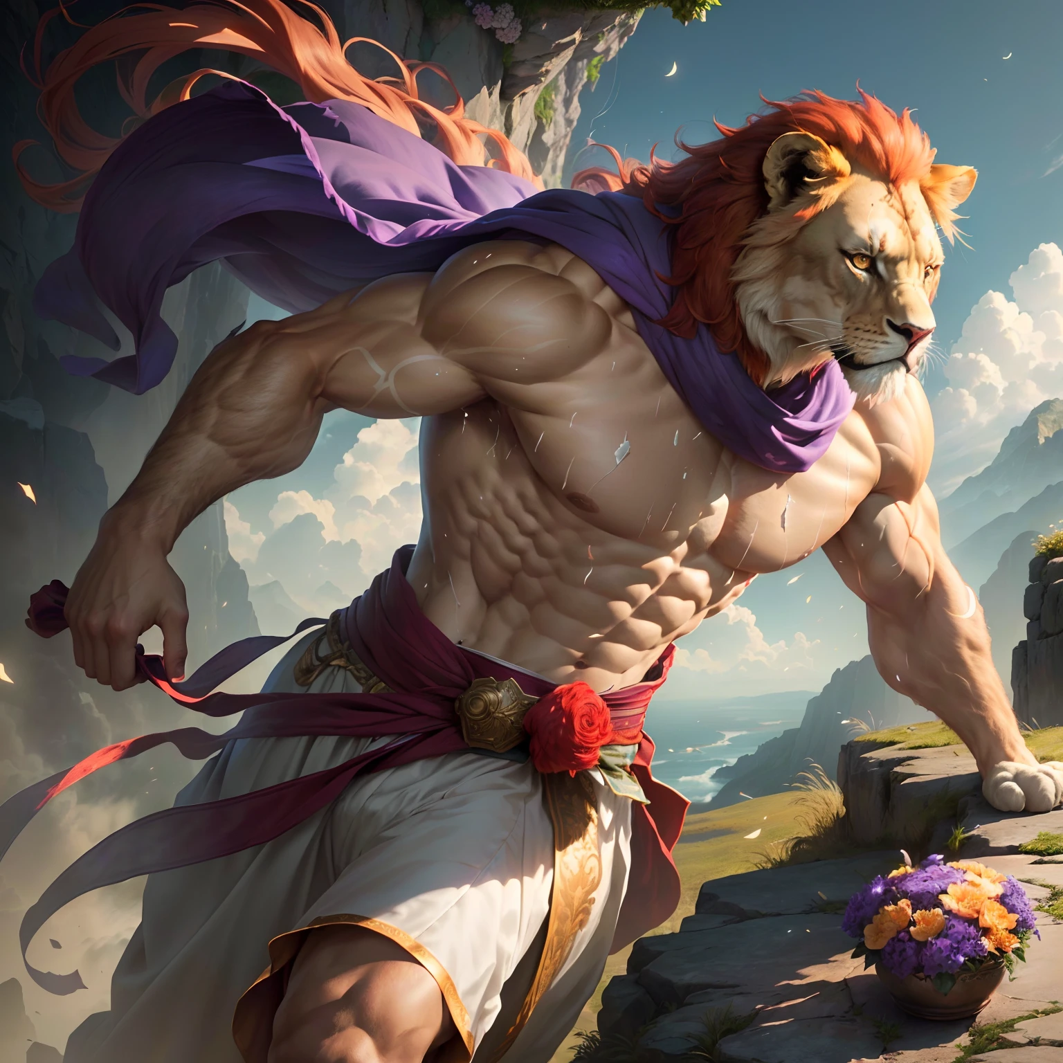 muscle, male, (lion head:1.0), furry, kemono, dressed as a prince standing on a cliff with flowers behind him, cloulds in the sky, photo, realism, cgi, (fighting pose:1.2), tekken, eye glow, (sweat:1.3), broad waist, man's hands, nipple, red hair, (baki:1.2), purple eye, teeth, (steam:1.0), high detail, castle, masterpiece, (HDR)(wallpaper)(movie lighting)(sharp focus), masterpiece, best quality, (extremely detailed CG unity 8k wallpaper), (best quality)