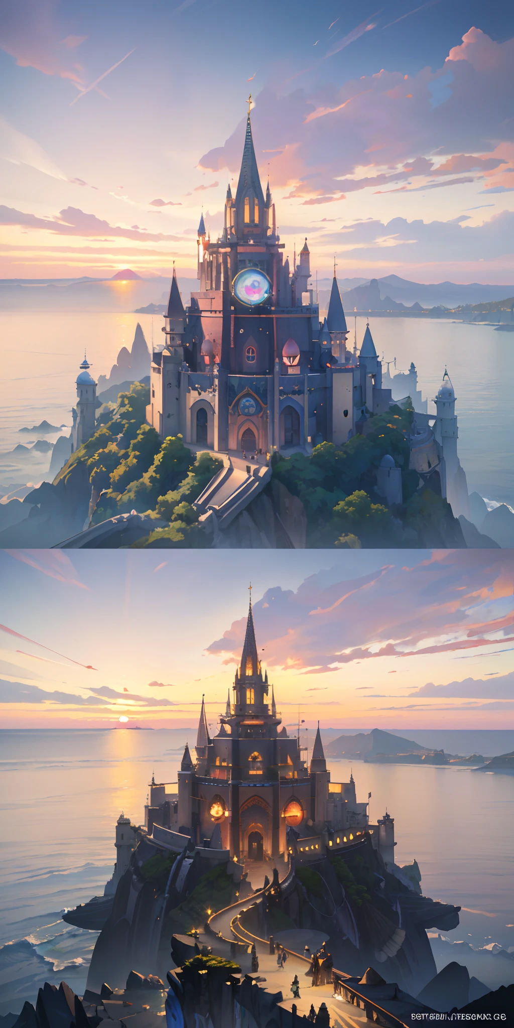 masterpiece, best quality, (extremely detailed CG unity 8k wallpaper), (best quality), (best illustration), (best shadow), absurdres, realistic lighting, (Abyss), beautiful detailed glow, art by PeterMohrBacher, cute, chibi, isometric perspective,3D Render,realistic style, (Magic Wizards Town:1.3), (Multiple buildings), hills in the background, (beach:1.5), colourful clouds in the sky, (sunset:1.5), Vray rendering, Art station, High quality, ultra-high definition details,castal Architectural Imagination castal building in in volcano