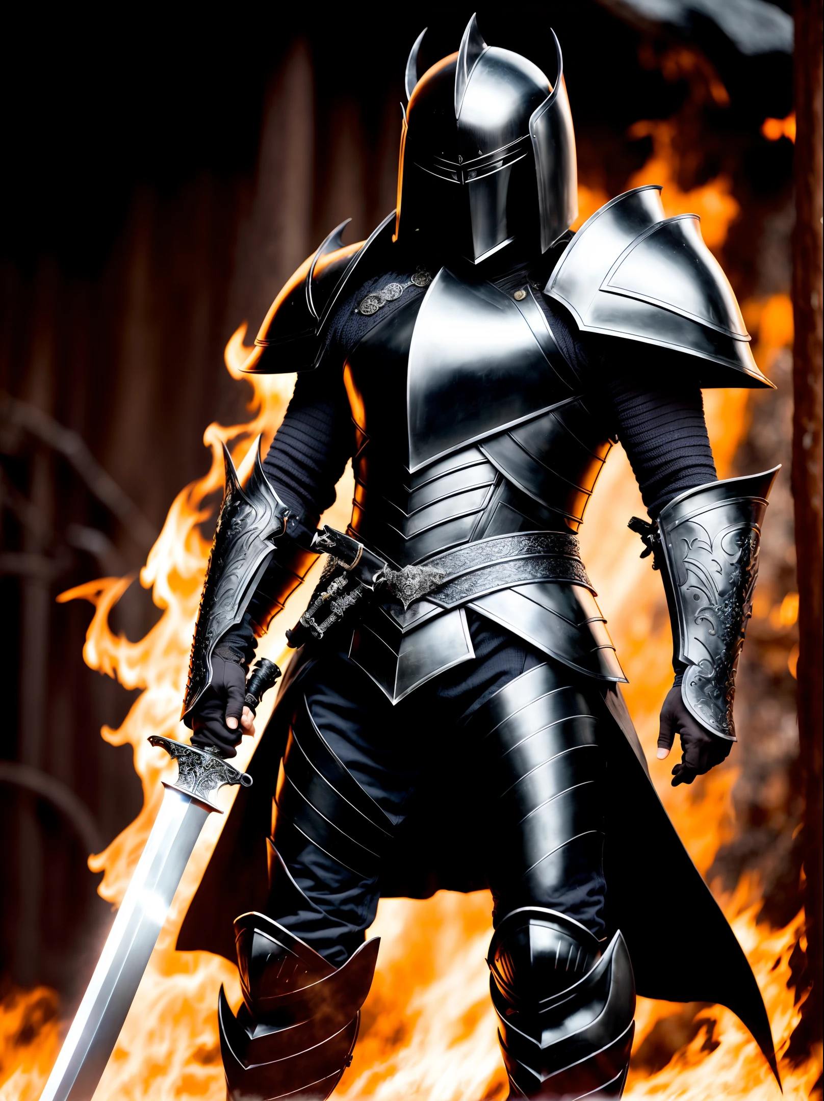 a medium shot photo of a powerful swordsman with magic, Intricate, High Detail, dramatic, black armor clothing with evil helmet