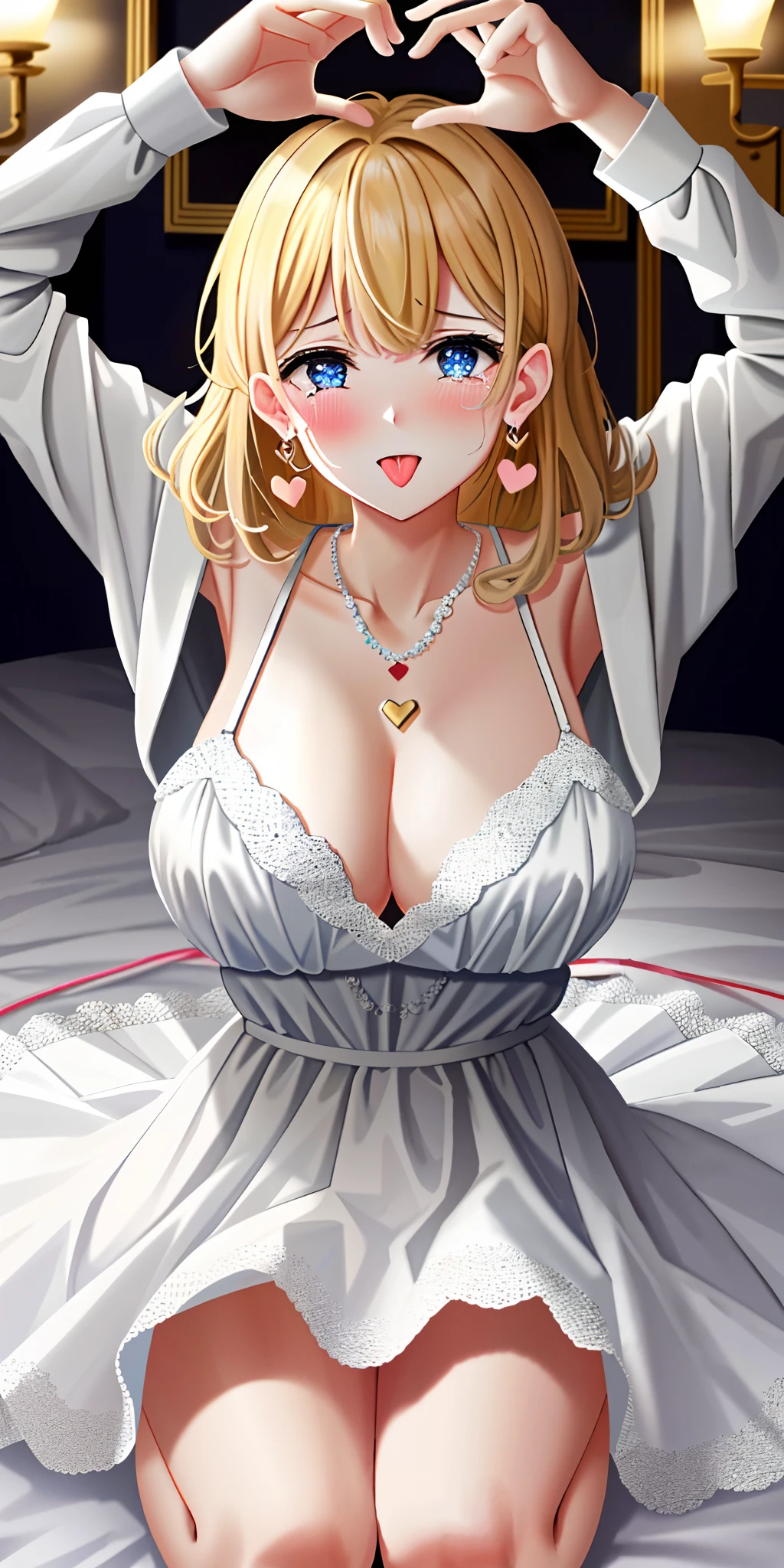 (Masterpiece: 1.4), (Best quality: 1.4), 8K, HD, ultra clear,1girl,(big breasts:1.4),blond hair,(Heart-shaped pupil:1.3),(Tongue out:1.2),scared:1.2,(cry:1.3),princess,Bare abdomen,White underwear,Lace underwear,Skirt,(Looking up),Spot light,night,bedroom,necklace,Lacteal sulcus