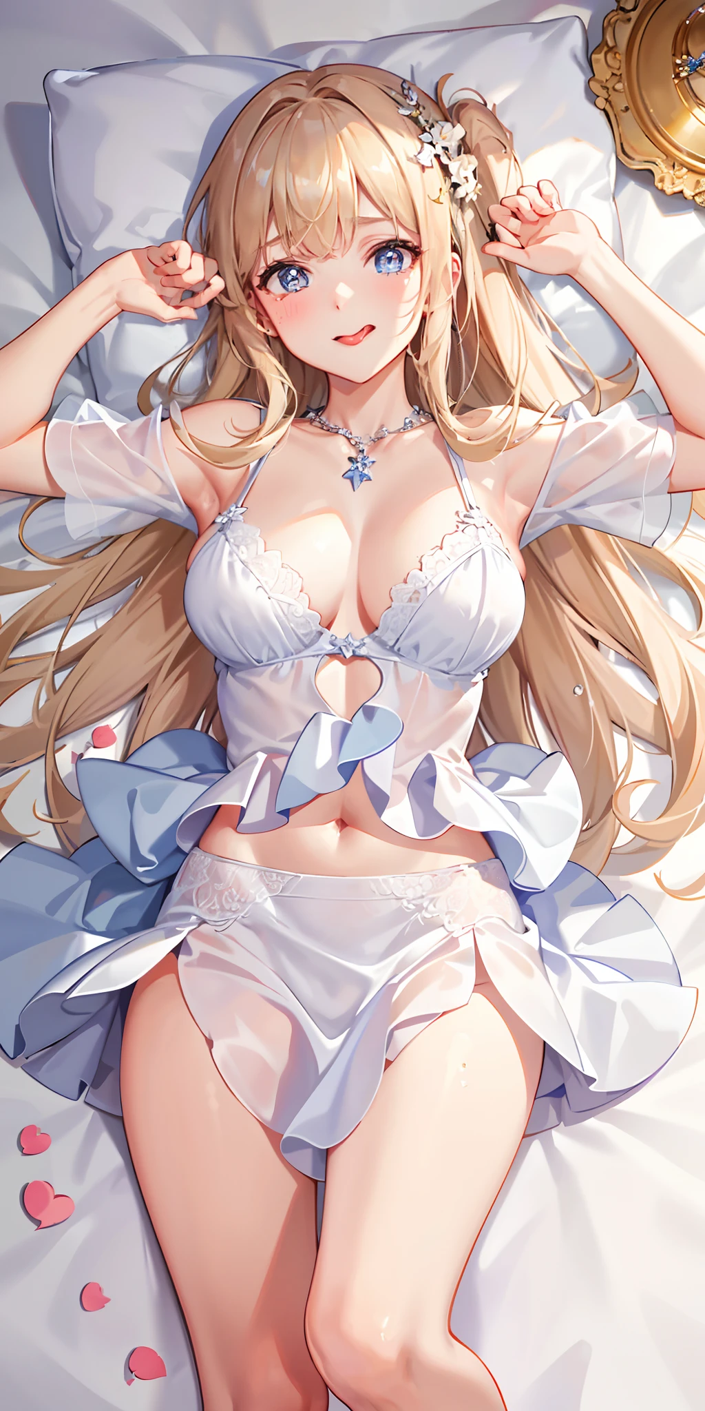 (Masterpiece: 1.4), (Best quality: 1.4), 8K, HD, ultra clear，1girl，（big breasts：1.4），blond hair,(Heart-shaped pupil:1.3),(Tongue out:1.2),scared:1.3，(cry:1.3),princess，Bare abdomen，White lace underwear，Skirt，（Looking up），night，bedroom，necklace，Messy clothes，long hair