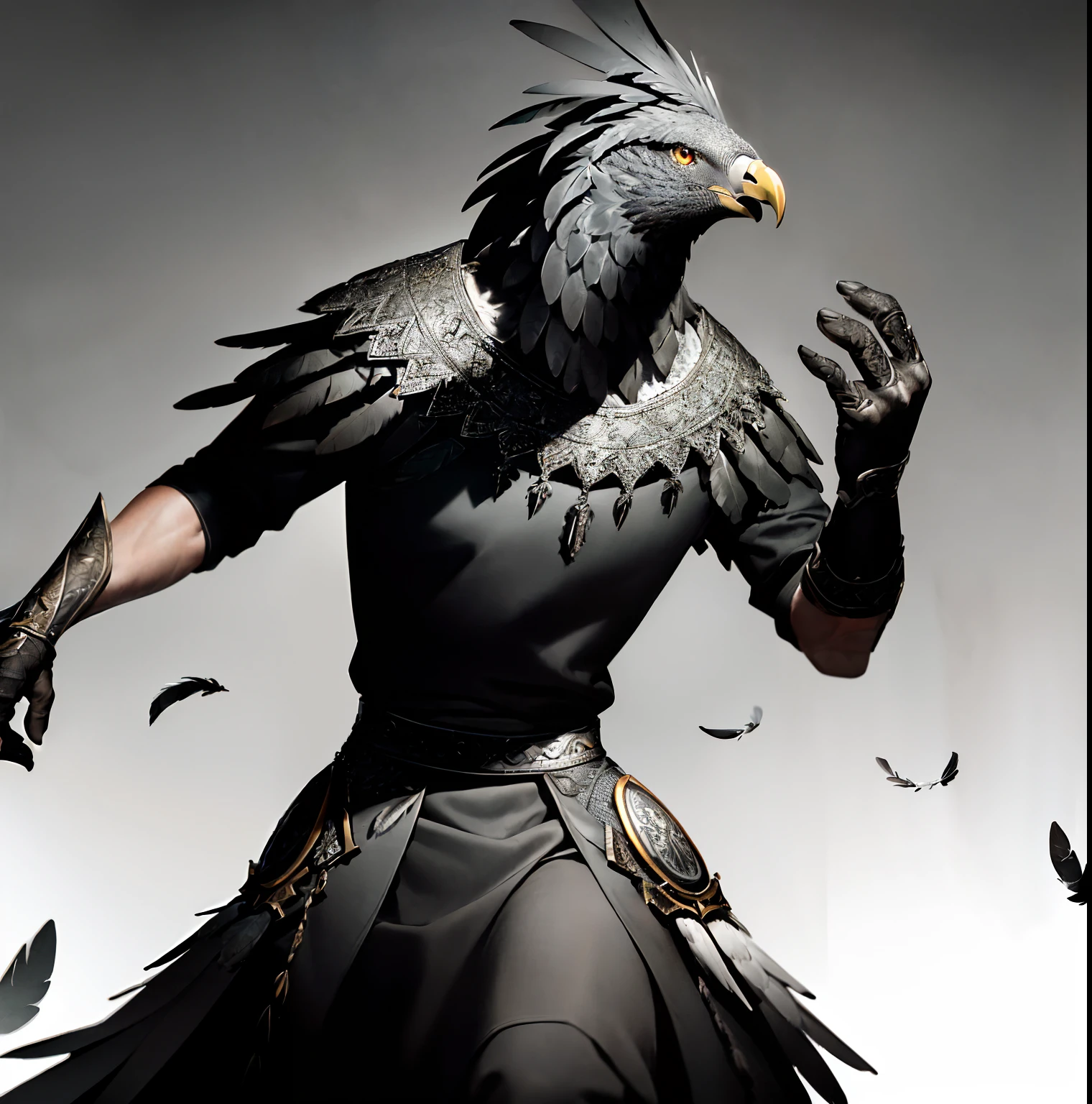 man with vulture head, full body; grey feathers; grey skin; masterpiece, ((ultradetailed)),intricate (high detail:1.1) unreal engine,highest quality, no wings, dramatic pose, cinematic lighting, Dungeon style background, The right hand holds a whip, without wings, medieval style clothing