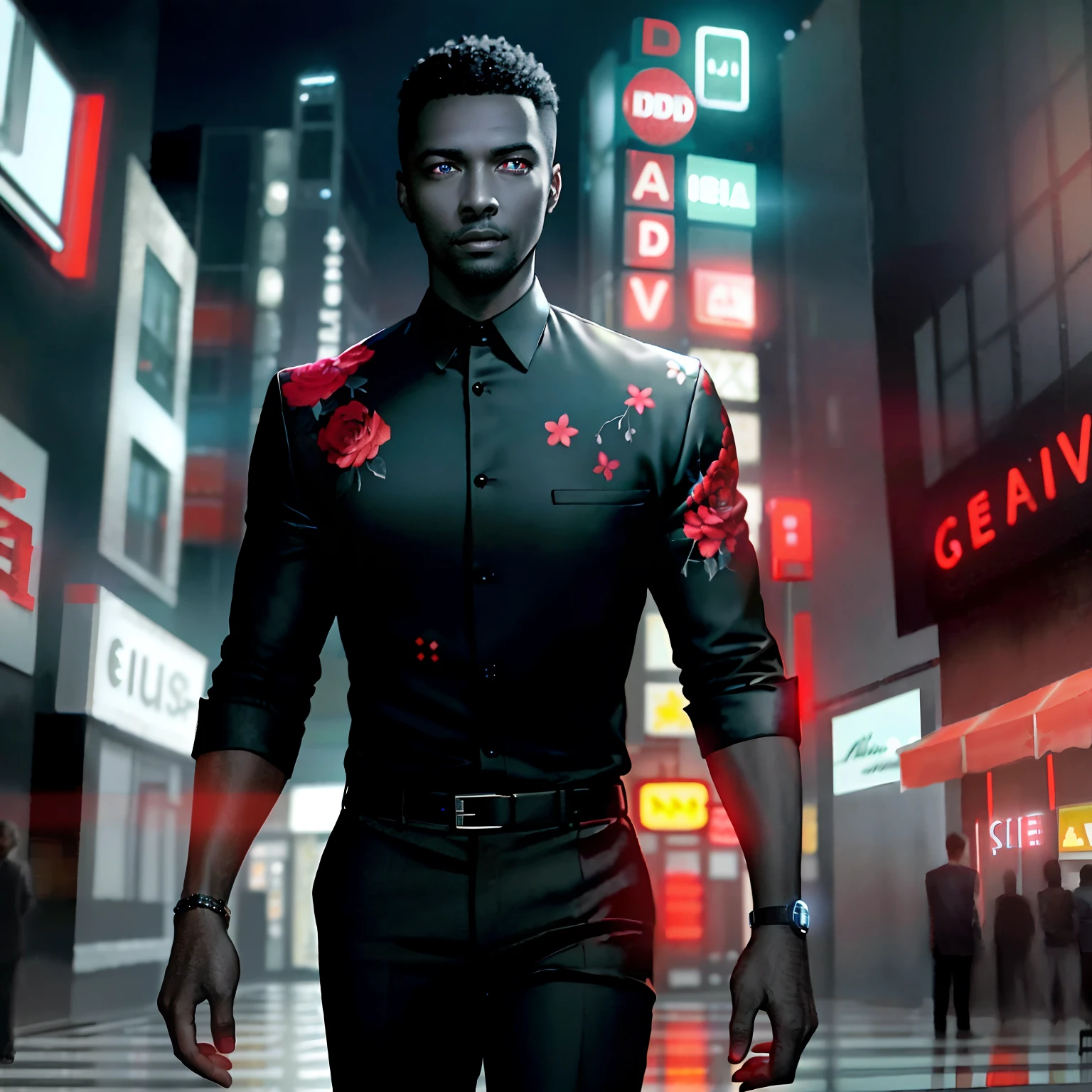 Outdoors, black mature male, wearing black and red floral shirt, wearing black dress pants, blue eyes, glowing eyes, short hair, grey skin, club environment, night, blue neon signs, 8k, Unreal engine, highly detailed, photorealistic