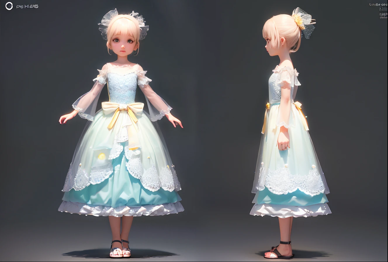 (Same character, front, side, back), simple background! , (full body), in the center of the screen, realistic texture, detailed lighting, delicate shadows, exaggerated hair, little girl, 3 beautiful eyes, big eyes with pink-green gradient, chib, fluorescent translucent, colorful, delicate light 3d, digital art, translucent plastic bubblegum, closeup, 3d, super detailed, generative front view, side view, back view 3 view, frameless, c4d, Octane render, Blender, hd, full body, detailed plastic material,