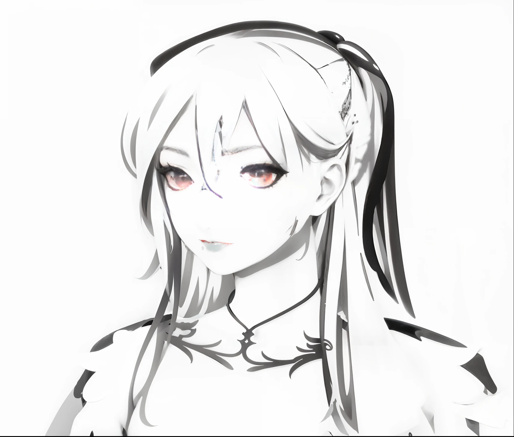 [monochrome:muted color:0.6] theme, (masterpiece), (best quality), (detailed), light layer, lustrous skin, (intricate detailed , taut clothes, , demon wings,hair ornament :1.2), from above, black hair, black choker, long hair, hime cut, blunt bangs, sidelocks, red eyes, holding quarterstaff,holding scythe,holding sword, (mature female:1.1), [uncensored, NSFW,, (lactation), side-ponytails BREAK (simple background:1.1),