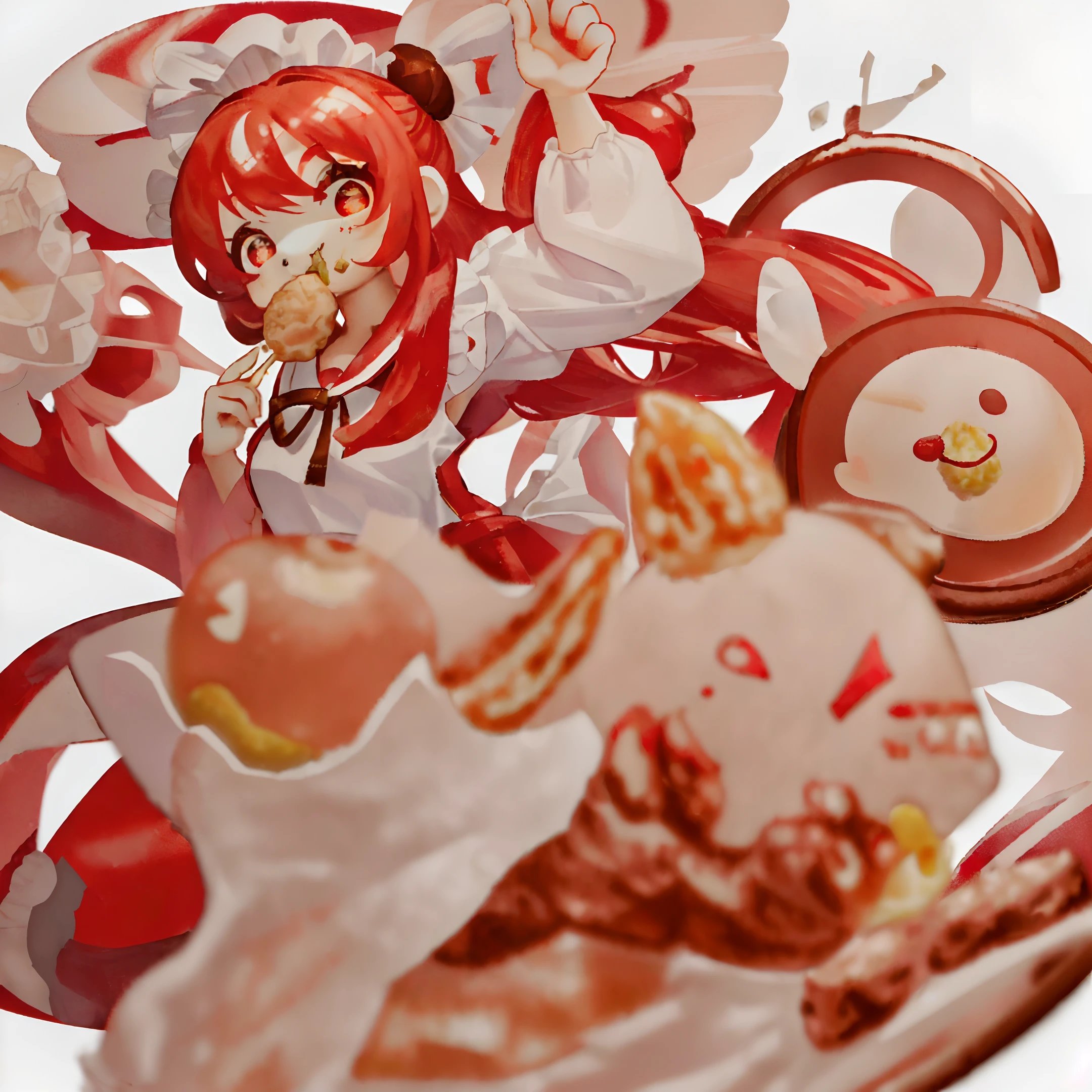 [(white background:1.4)::5],(chibi:1.3),bottle bottom,lampstand,pedestal,platform,(fine food:1.8),((masterpiece ,best quality))one girl,white ribbon, red hair, cherry blossoms, hair bun, hair ribbon, Chinese clothes, long hair, red eyes，A plate with hamburger fries in hand, KFC theme wear,KFC