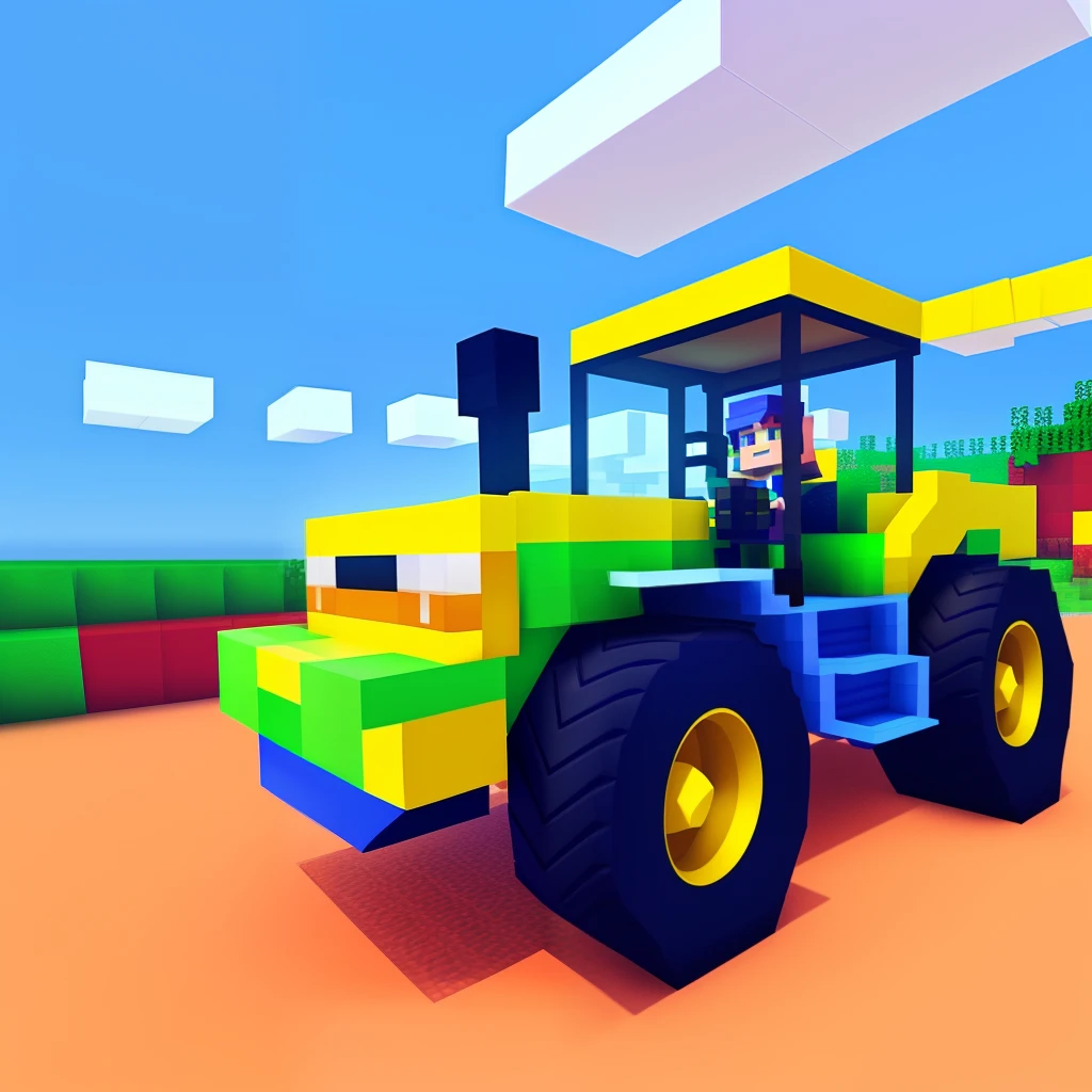Stable Diffusion Prompt: 
(Vibrant color:1.2|Colorful) 3D world in Minecraft fashion,(Casual) with the protagonist driving a digger, (Main emphasis),(Bright and playful), (Aerial view:1.3|Dynamic angle), (Machine in motion),(Environmental tag).