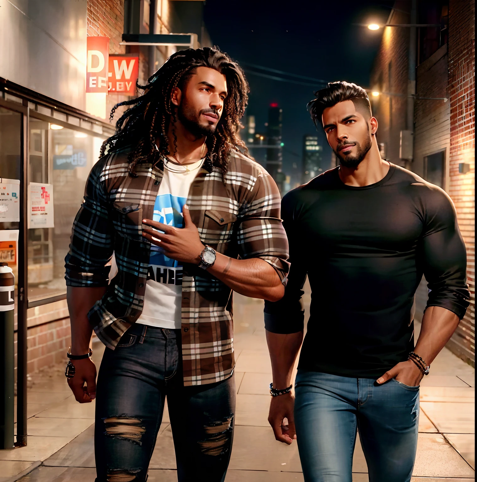 male, muscular, brown skin, long black curly hair, blue jeans, plaid flannel shirt, tight clothes, urban background, nighttime, in a dark alley, photorealistic, 8k, Unreal engine, highly detailed, octane render,