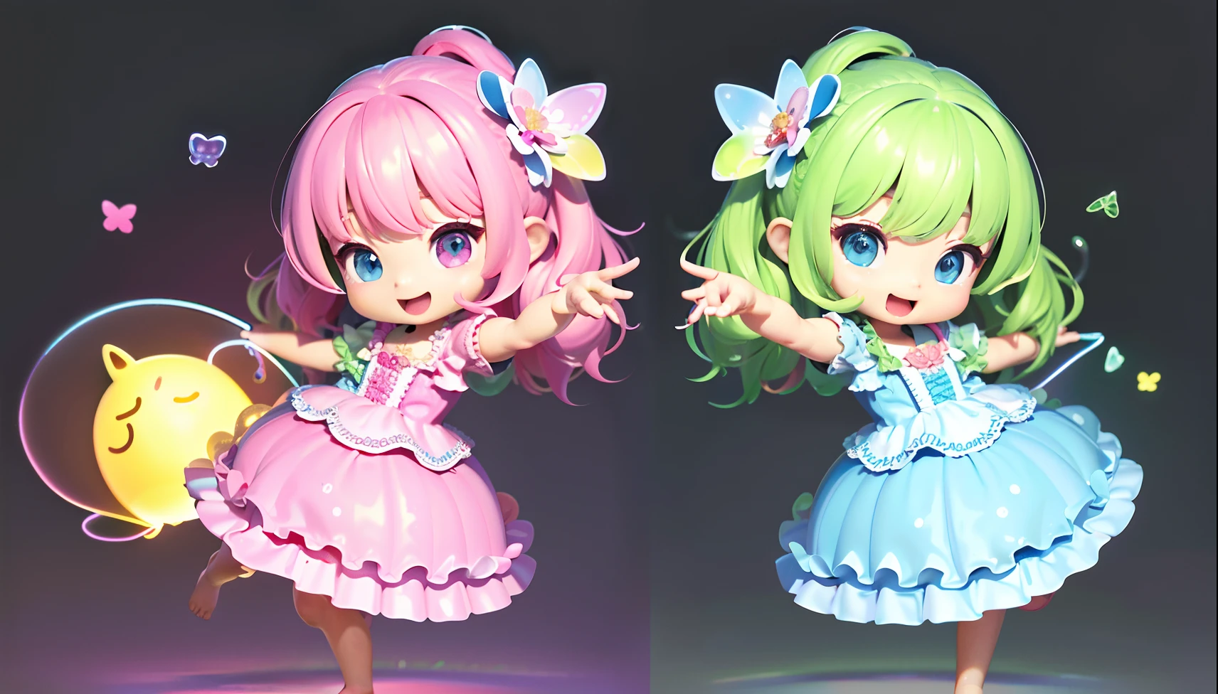 Detailed plastic material, ((same character, front, side, back)) best quality, (very detailed model), (best quality), octane rendering, ray tracing, very detailed, 3D toys , exaggerated huge hair, little girl (full body) (3D hair, cute hair accessories, ((children)), beautiful eyes, cute big eyes, cute face, pink and green gradient, drum skirt, cute skirt, chib, fluorescent half Transparent, colorful, plastic, children, transparent, product design, luminous jelly, exquisite and cute plastic, beautiful lighting 3d, digital art, translucent plastic bubble gum, close-up, 3d, super detailed, generated front view, side view, rear view three View, borderless, c4d, Octane rendering, Blender, HD, full body, simple background!