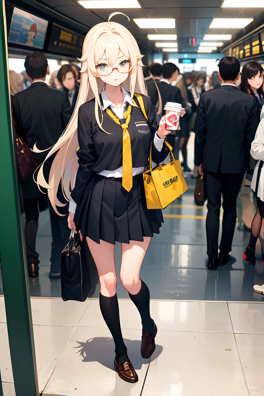 masterpiece, best quality, girl, Crowded subway, rushing to work, wearing glasses, coffee in hand, and bag
best quality, high resolution, distinct image, 1girl,white long hair,him cut,huge ahoge,japanese school uniform jacket,white shirt,yellow necktie,grey checkered miniskirt(white striped),perfect body, wied hip, narrow waist, full body,in the subway