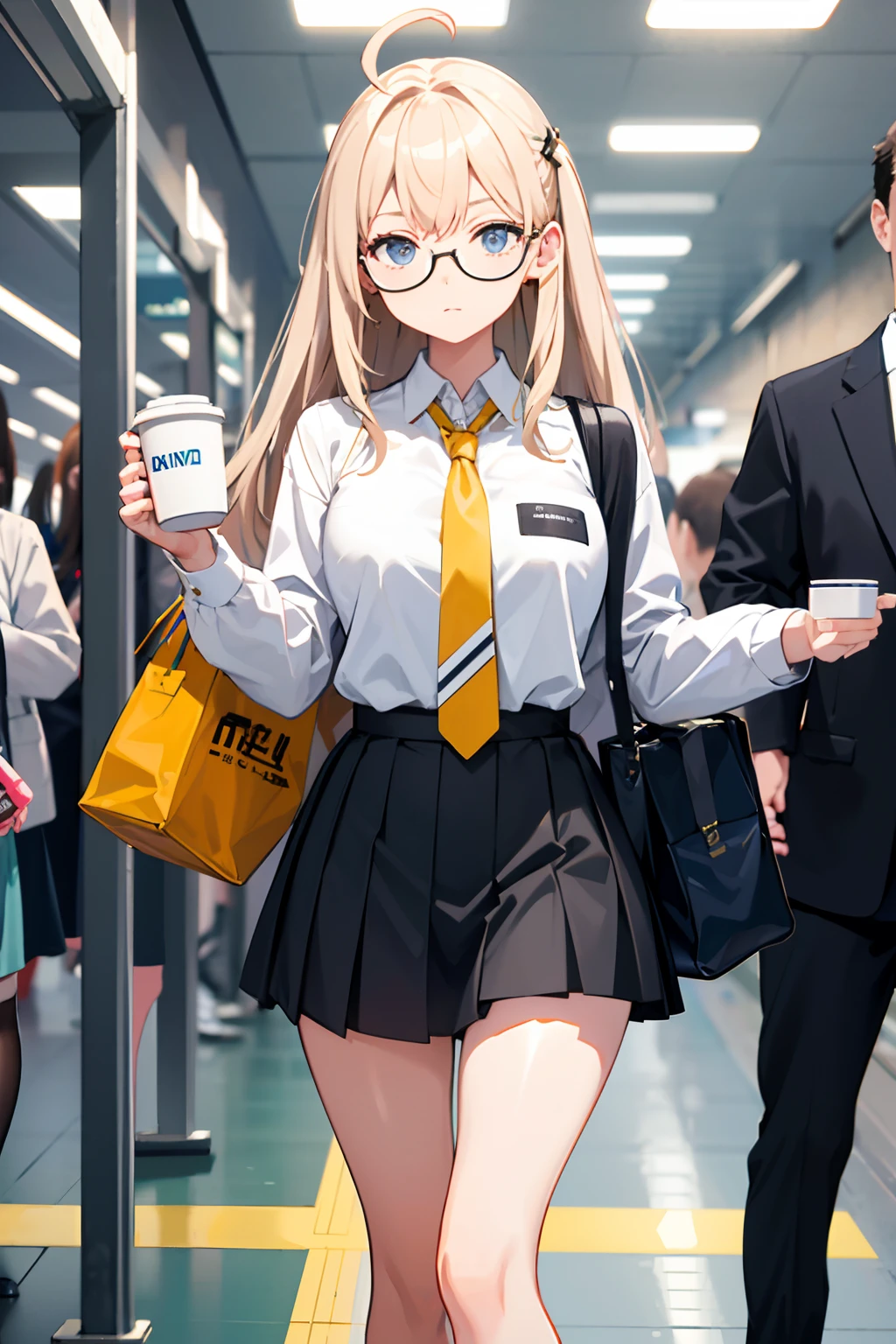 masterpiece, best quality, girl, Crowded subway, rushing to work, wearing glasses, holding a mug of coffee in one hand and a computer bag in the other
best quality, high resolution, distinct image, 1girl,white long hair,him cut,huge ahoge,japanese school uniform jacket,white shirt,yellow necktie,grey checkered miniskirt(white striped),perfect body, wied hip, narrow waist, full body,in the subway