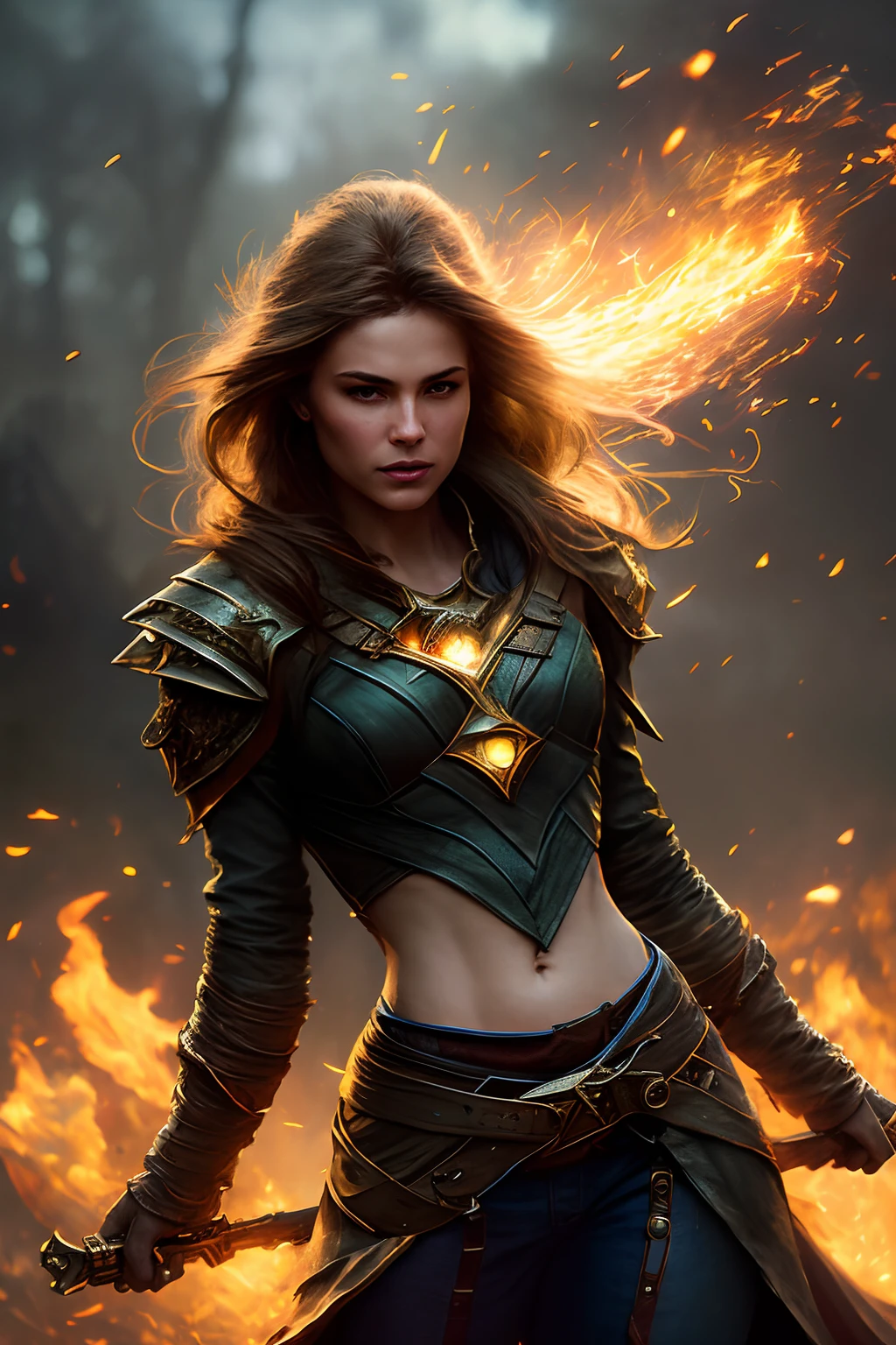A violent explosion of light striking a woman brightly, cinematic shot on canon 5d, ultra realistic fire skin, intricate clothes, accurate hands, Steve Henderson, Fabian Perez, Henry Asencio, Jeremy Mann, Marc Simonetti, fantasy magic atmosphere, extreme hdr