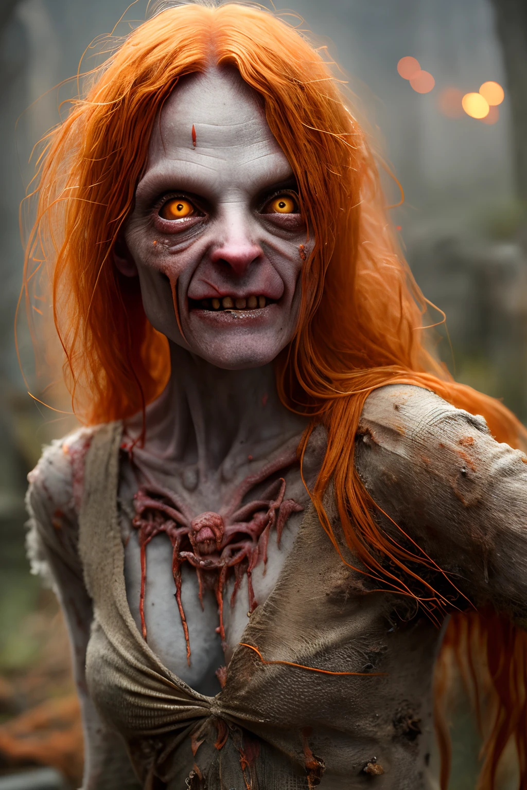 solo, spooky, decayed Swine Person woman, (glowing:0.7) brown eyes, vivid colors, Messy and unwashed orange hair, sores on the body, in action, (evil:1.4), (crazy look), (laugh), extends a hand to the viewer, white arteries, dressed in a magical ribbed sweater with shining runes, magical effects, ultra detailed fantasy cemetery environment, dynamic lighting, atmosphere lighting, perfect eyes, sharp focus, 8k high definition, insanely detailed, intricate