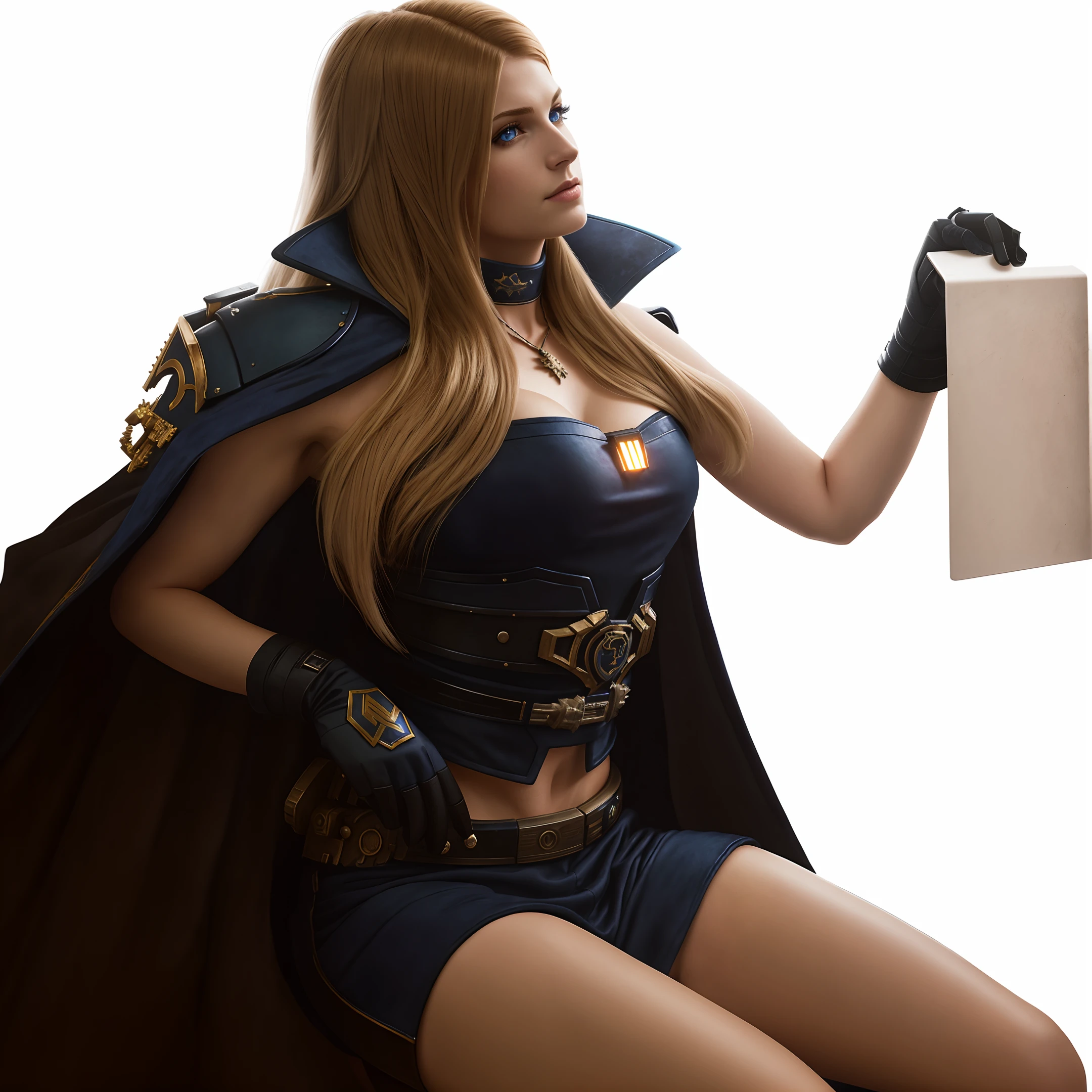 Solo, Cinematic Lighting, Warhammer 40k,Bad smile,lL Dramatic, Eyes to the opposite side,perfect Body, Blue eyes,Black Plate , Blonde Woman