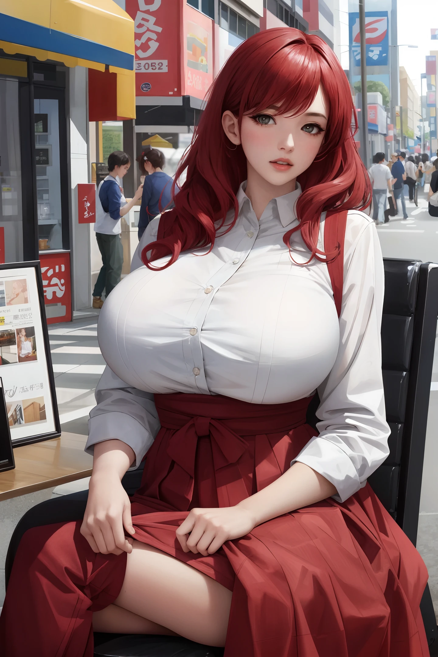 (masterpiece:1.2, best quality), realistic, (real picture, intricate details, depth of field), (1girl, solo), make up, parted lips, highly-detailed, perfect face,
(huge breasts:1.4), (skindentation), thick thighs, wide hips, small waist, tall, glossy coral lips,
red hairs, red eyes, white casual outfit, Akihabara street, sitting at a cafe, suitcase
