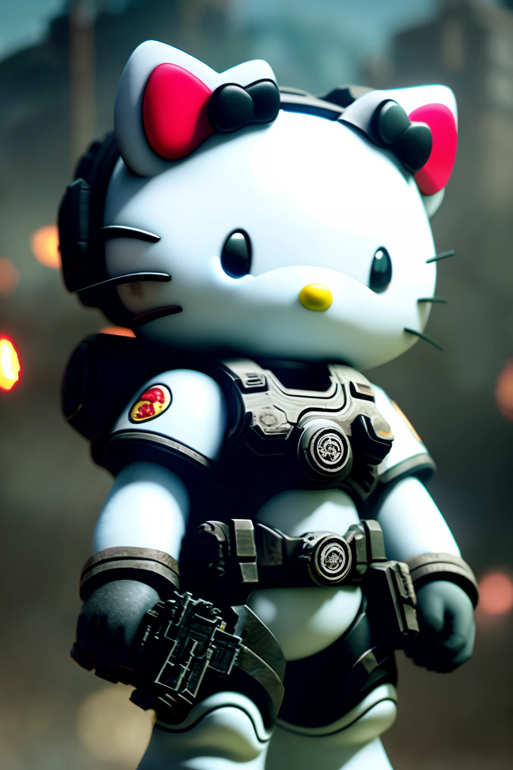 Hello Kitty in Gears of War, splash art, movie still, detailed face, cinematic lighting, color, dramatic, octane render, long lens, shallow depth of field, bokeh, anamorphic lens flare,8k, hyper detailed, 35mm film grain