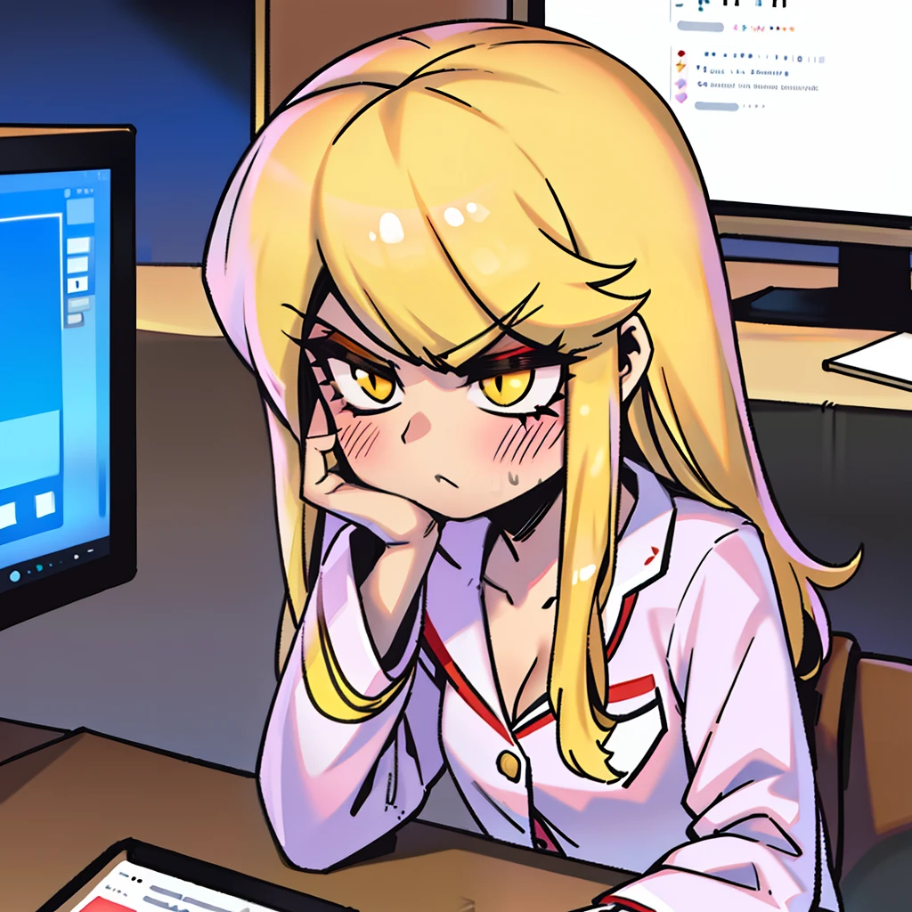 blonde girl, cute, home, pajamas, computer, angry
