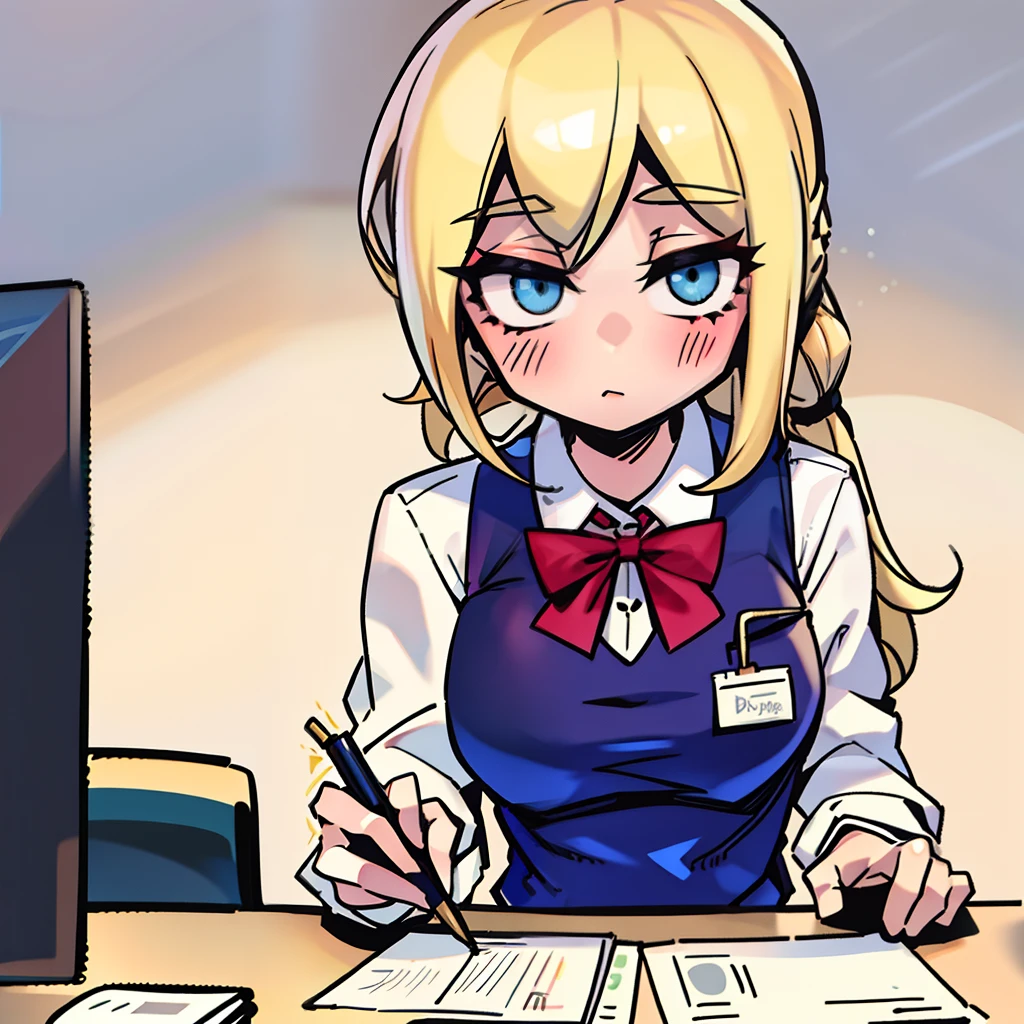 Blonde girl, cute, busy at work