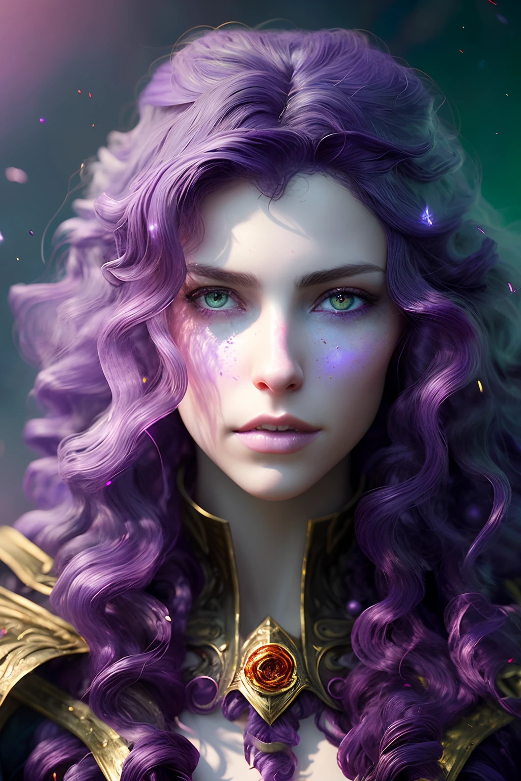 close-up head, facing camera, realistic digital painting portrait of a gothic female blood elf, (curly hair:1.1), (purple hair:1.3), magical dark and red universe, magic cloth armor with red and yellow engrave in intricate details, (abstract background:1.2), (light particle:1.1), (very detailed skin:1.2), (game concept:1.3), (elden ring style:1.3), (arcane style:0.8), (depth of field:1.3), global illumination, art by hoang lap and fuji hoko and artgerm and greg rutkowski and viktoria gavrilenko