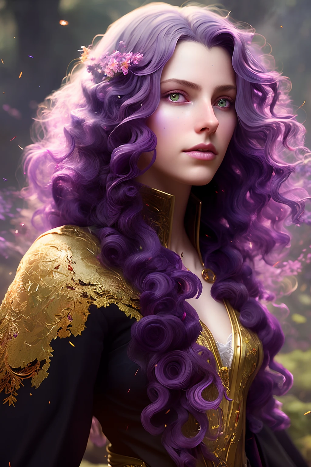 close-up head, facing camera, realistic digital painting portrait of a gothic female blood elf, (curly hair:1.1), (purple hair:1.3), magical dark and red universe, magic cloth armor with red and yellow engrave in intricate details, (abstract background:1.2), (light particle:1.1), (very detailed skin:1.2), (game concept:1.3), (elden ring style:1.3), (arcane style:0.8), (depth of field:1.3), global illumination, art by hoang lap and fuji hoko and artgerm and greg rutkowski and viktoria gavrilenko