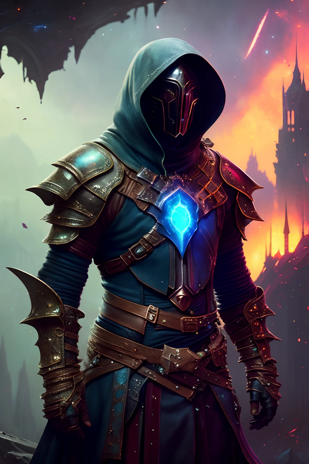 Cosmic (rogue thief:1.2) wearing mutiple layer (leather armor:1.2), nebulas, galactic, Concept art portrait by Greg rutkowski, Artgerm, hyperdetailed intricately detailed gothic art trending on Artstation triadic colors Unreal Engine 5 detailed matte painting, deep color, fantastical, intricate detail, splash screen, complementary colors, fantasy concept art, 8k resolution, gothic deviantart masterpiece