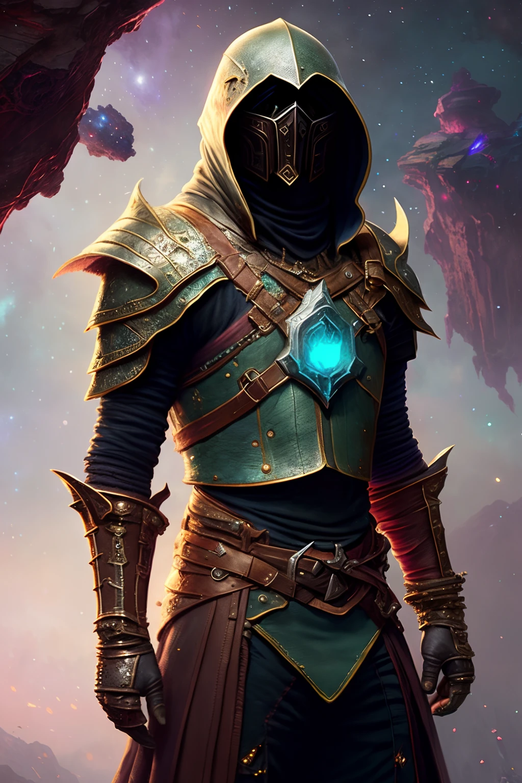 Cosmic (rogue thief:1.2) wearing mutiple layer (leather armor:1.2), nebulas, galactic, Concept art portrait by Greg rutkowski, Artgerm, hyperdetailed intricately detailed gothic art trending on Artstation triadic colors Unreal Engine 5 detailed matte painting, deep color, fantastical, intricate detail, splash screen, complementary colors, fantasy concept art, 8k resolution, gothic deviantart masterpiece