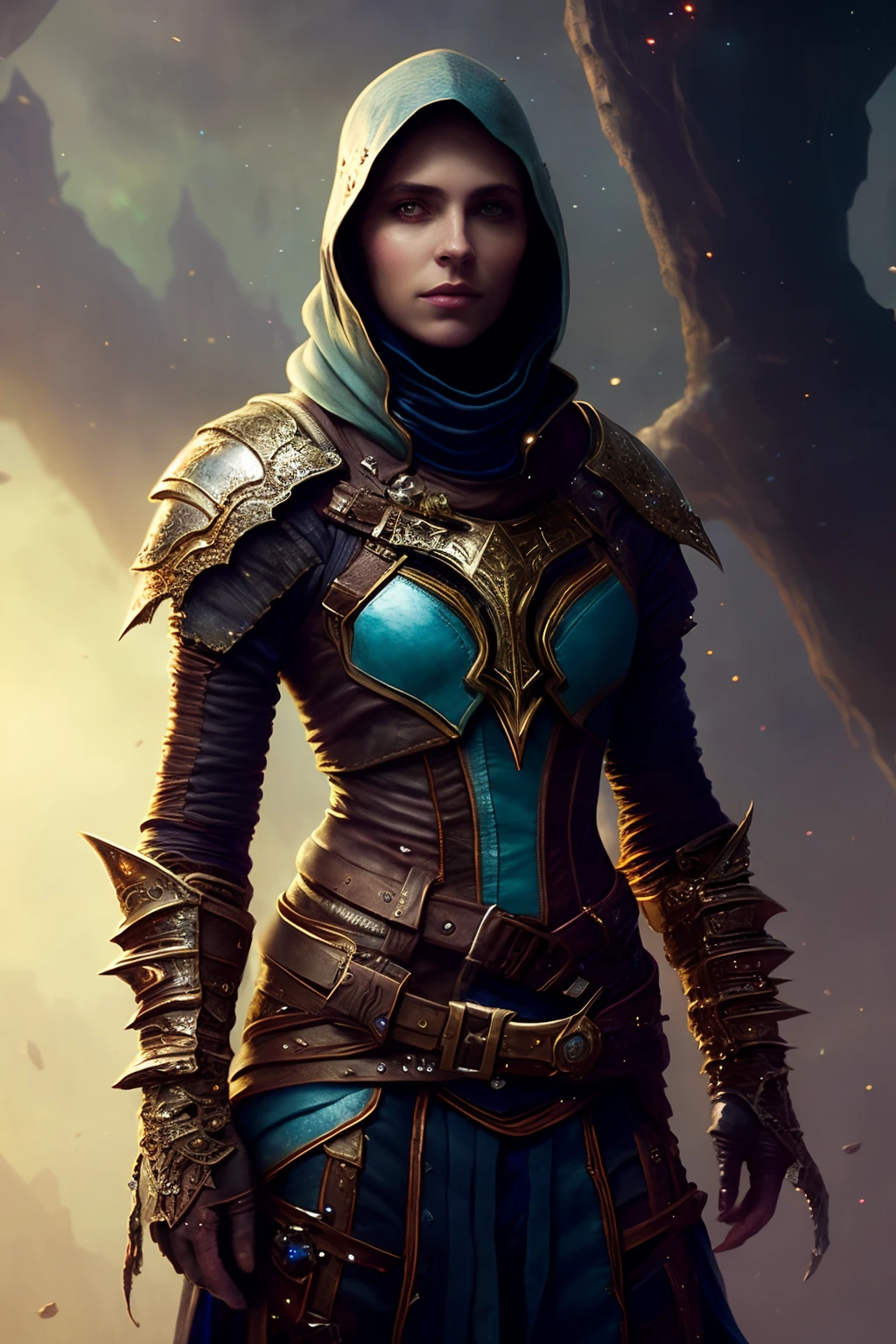 Cosmic (rogue thief:1.2) wearing mutiple layer (leather armor:1.2), nebulas, galactic, Concept art portrait by Greg rutkowski, Artgerm, hyperdetailed intricately detailed gothic art trending on Artstation triadic colors Unreal Engine 5 detailed matte painting, deep color, fantastical, intricate detail, splash screen, complementary colors, fantasy concept art, 8k resolution, gothic deviantart masterpiece