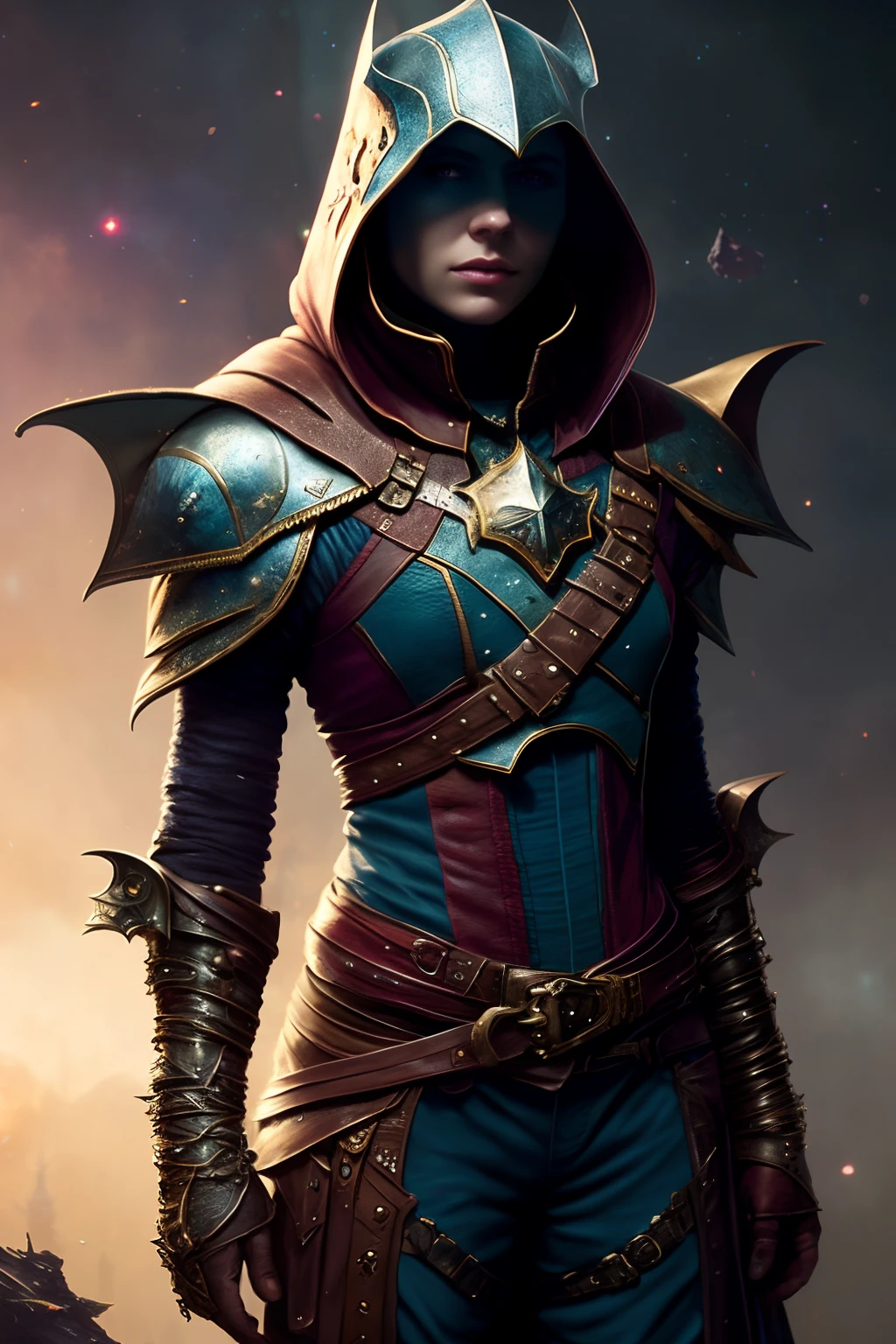 Cosmic (rogue thief:1.2) wearing mutiple layer (leather armor:1.2), nebulas, galactic, Concept art portrait by Greg rutkowski, Artgerm, hyperdetailed intricately detailed gothic art trending on Artstation triadic colors Unreal Engine 5 detailed matte painting, deep color, fantastical, intricate detail, splash screen, complementary colors, fantasy concept art, 8k resolution, gothic deviantart masterpiece