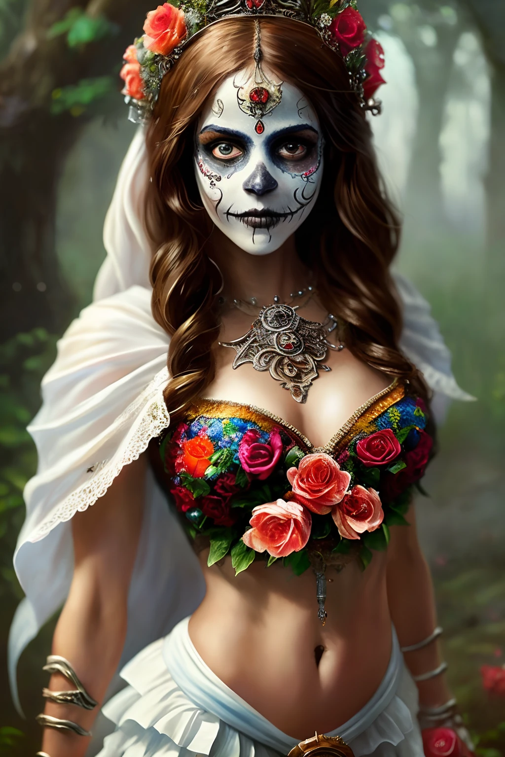 A (full body:1.3) shot at 8k resolution, splash art, fantastic comic book style, photorealistic, anatomical realistic digital painting portrait of a female latino (mexican muertos queen:1.3) in white (silk dress:1.1), (long curly red hair:1.1), (medieval town:1.3), light particle, analog, very detailed skin, very detailed eyes, (elden ring style:1.3), (warhammer style:1.1), concept artist, global illumination, depth of field, splash art, art by artgerm and greg rutkowski and viktoria gavrilenko