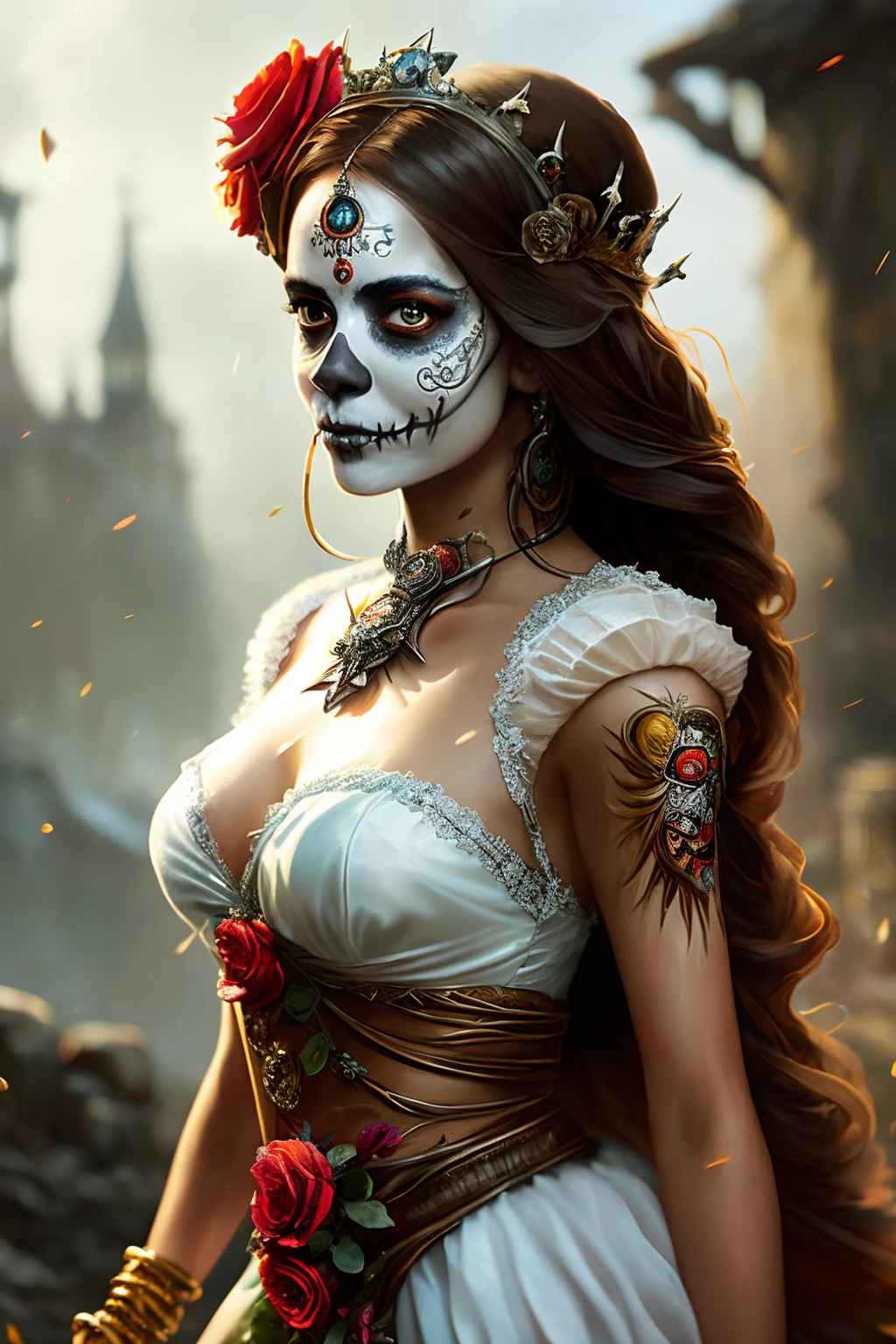 A (full body:1.3) shot at 8k resolution, splash art, fantastic comic book style, photorealistic, anatomical realistic digital painting portrait of a female latino (mexican muertos queen:1.3) in white (silk dress:1.1), (long curly red hair:1.1), (medieval town:1.3), light particle, analog, very detailed skin, very detailed eyes, (elden ring style:1.3), (warhammer style:1.1), concept artist, global illumination, depth of field, splash art, art by artgerm and greg rutkowski and viktoria gavrilenko
