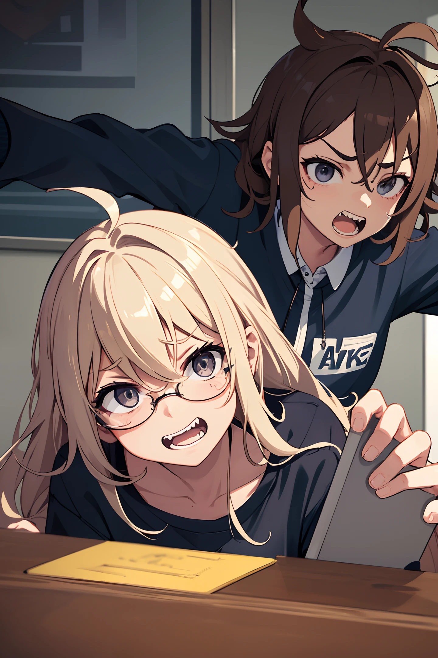 hates work, life is awkward, sitting in front of computer, messy hair, downcast, gnashing teeth, ((crazy expression)), four-eyed uncle